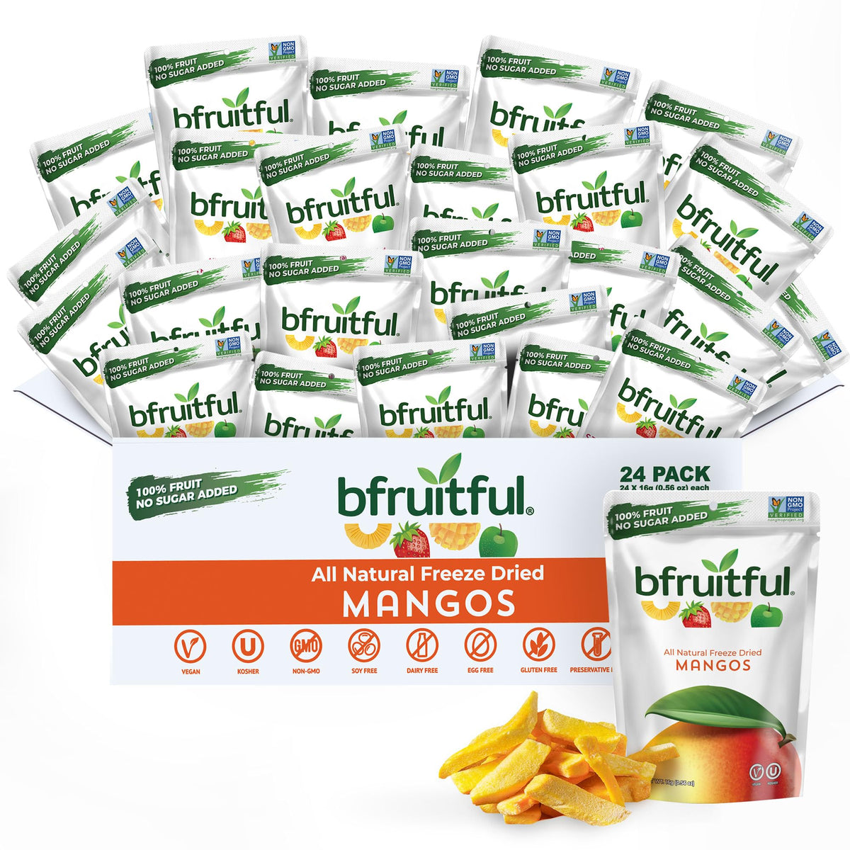 Bfruitful Freeze-Dried Mango  Freeze Dried Fresh Fruit Bites  Gluten Free  Vegan  Dairy Free  Kosher  No Sugar Added  Non Gmo  Healthy Snacks For Kids Or 18+ Uses  Single-Serve Snack Packets  24 Pack