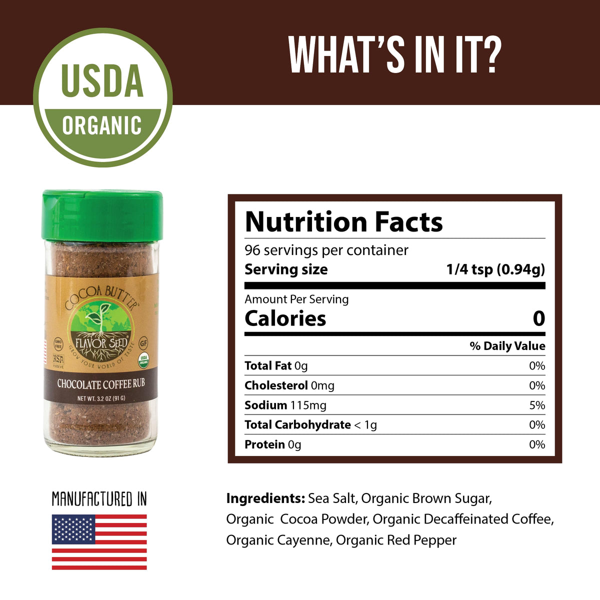 Flavor Seed Organic Butt Rub Seasoning & Chocolate Coffee Brisket Rub, 3.2 oz Shaker Jar, Non-GMO, Preservative Free