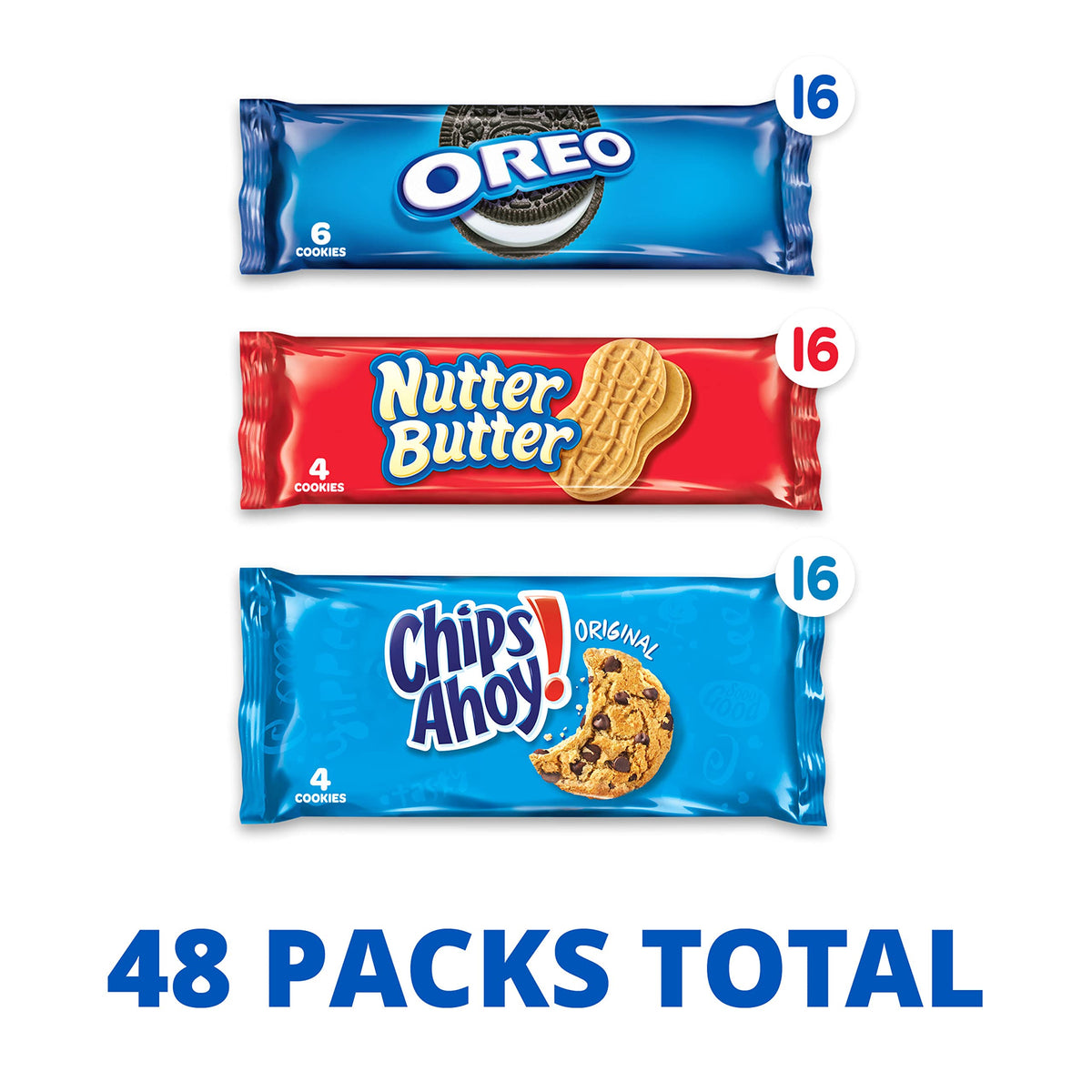 Nabisco Cookies Variety Pack, OREO, Nutter Butter, CHIPS AHOY!, 48 Snack Packs (4 Cookies Per Pack, 4 Boxes)