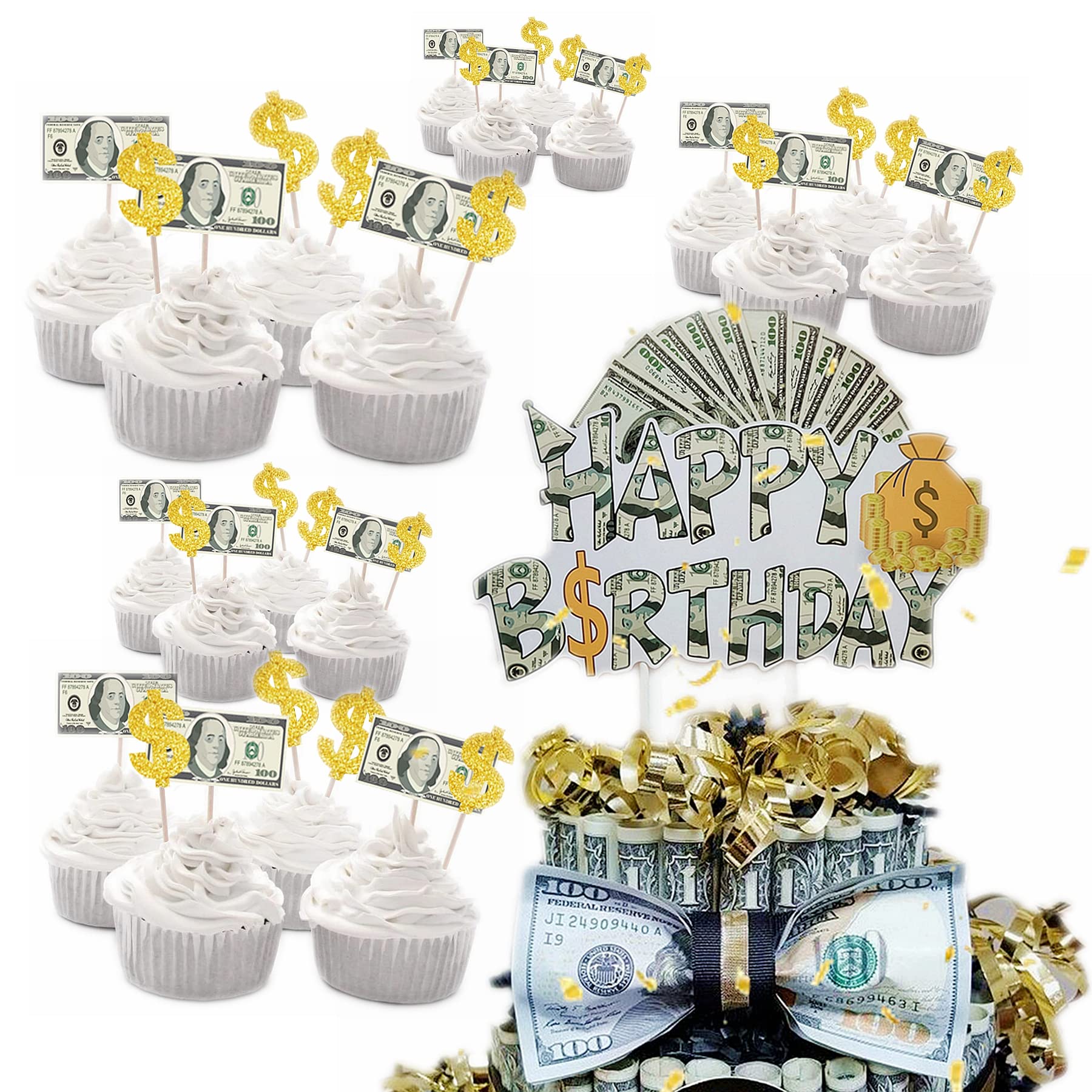 Dollar Bill Theme Cake Topper & Cupcake Toppers Birthday Party Decoration Set Cash Dollar Sign Cake Topper Money Themed Cake Decorations For Birthday Showers Gaming Place Bachelorette Party Supplies