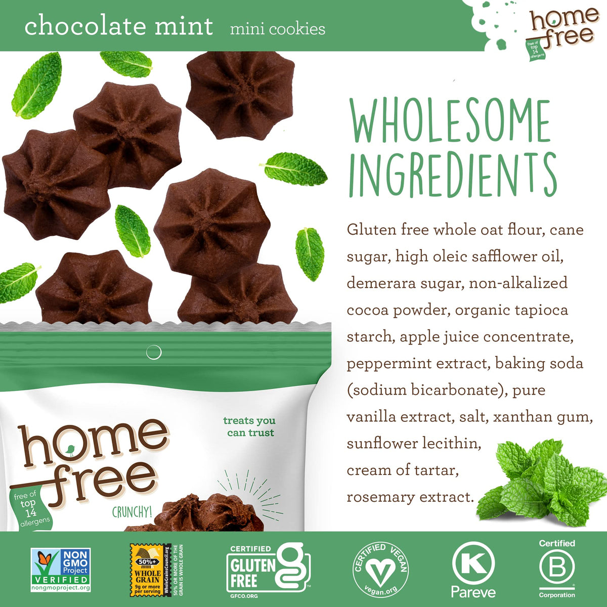 Homefree Chocolate Mint Mini Cookies, Gluten Free, Nut Free, Vegan, Individually Wrapped Packs, School Safe And Allergy Friendly Snack, 0.95 Oz. (Pack Of 30)