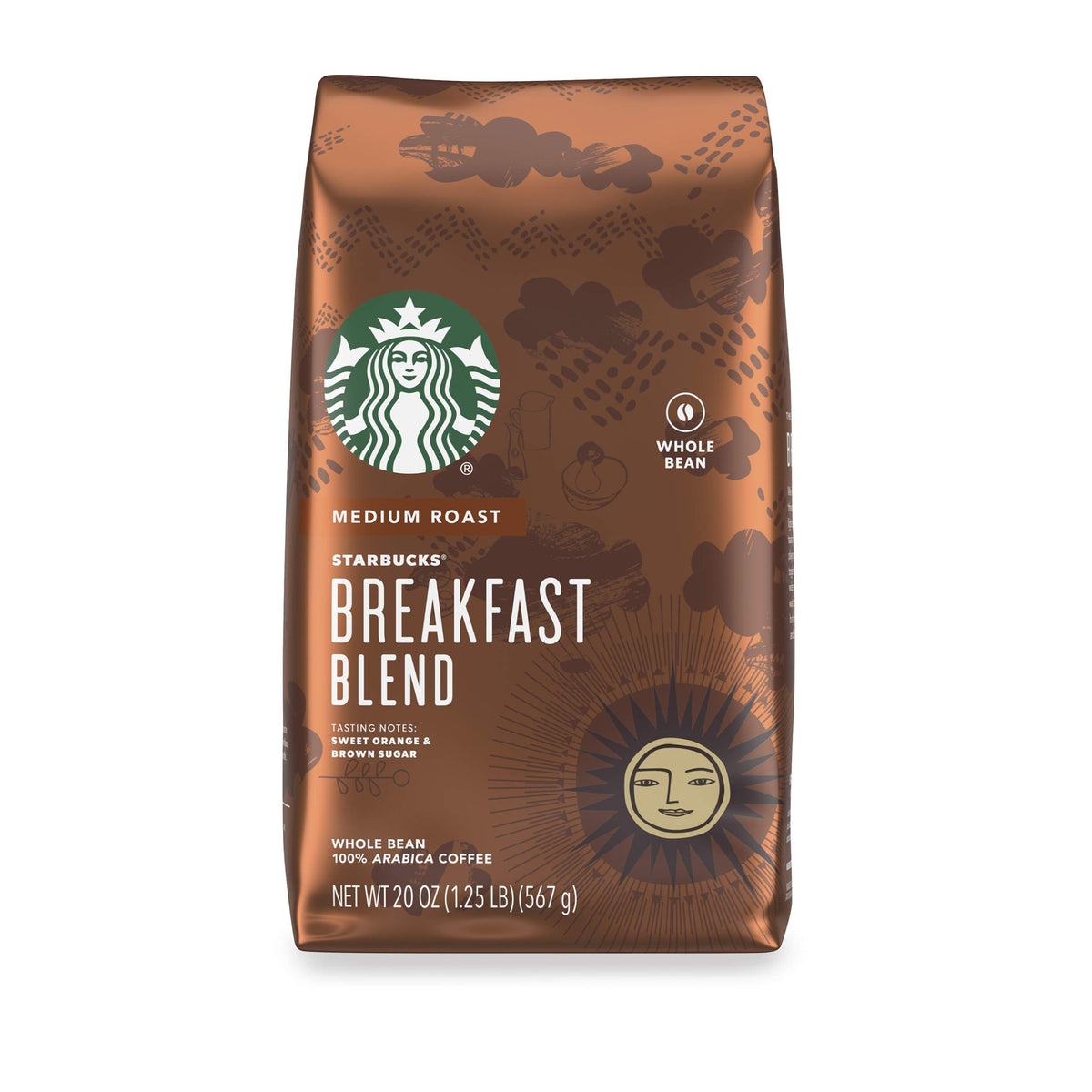 Starbucks Medium Roast Whole Bean Coffee Breakfast Blend 20 oz