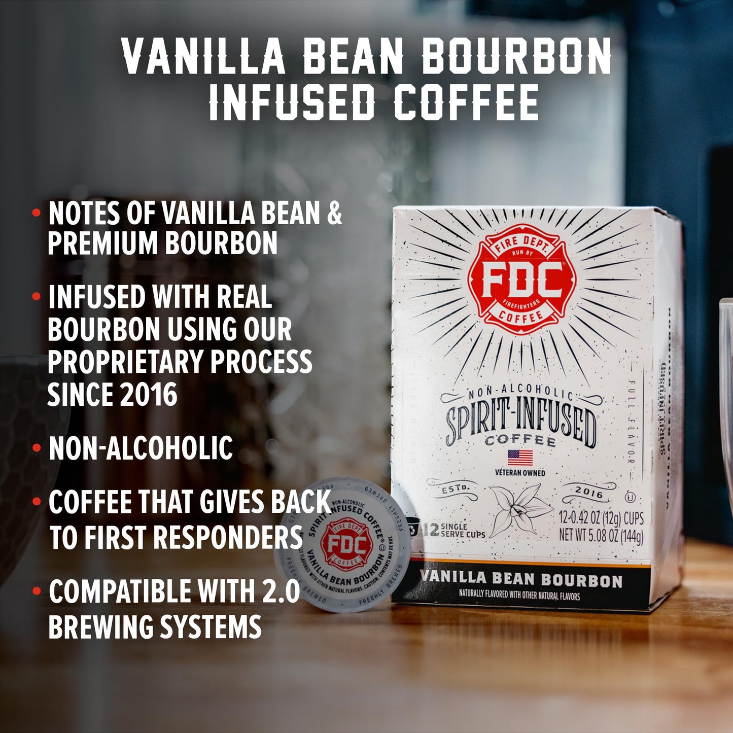 Fire Department Coffee Vanilla spirit-inspired flavor K Cups, Non-  ic, 12 Pods, Veteran Owned, Roasted in the USA