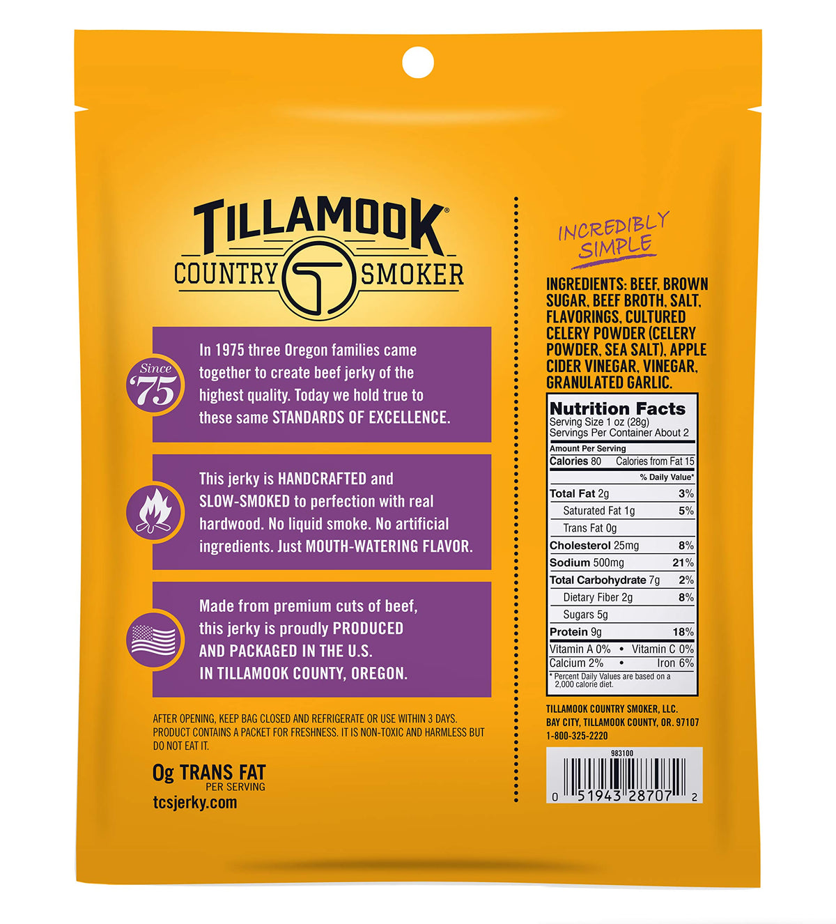 TILLAMOOK COUNTRY SMOKER Beef Jerky, Spicy & Sweet, 2.5 Ounce, Model 051943287027