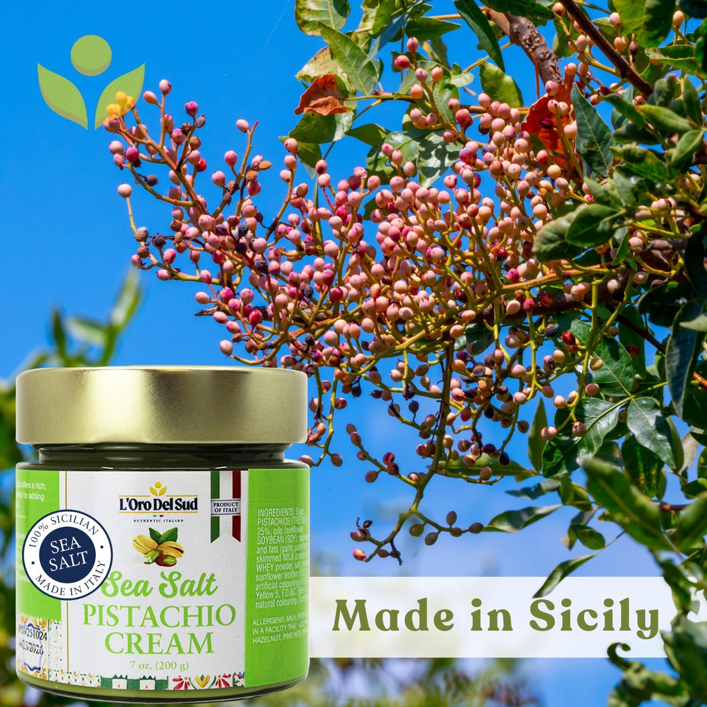 Pistachio Cream with Sea Salt, Sicilian Sweet & Salty Pistachio Spread, 7 oz (200g), Sweet Pistachio Butter, Product of Italy, L