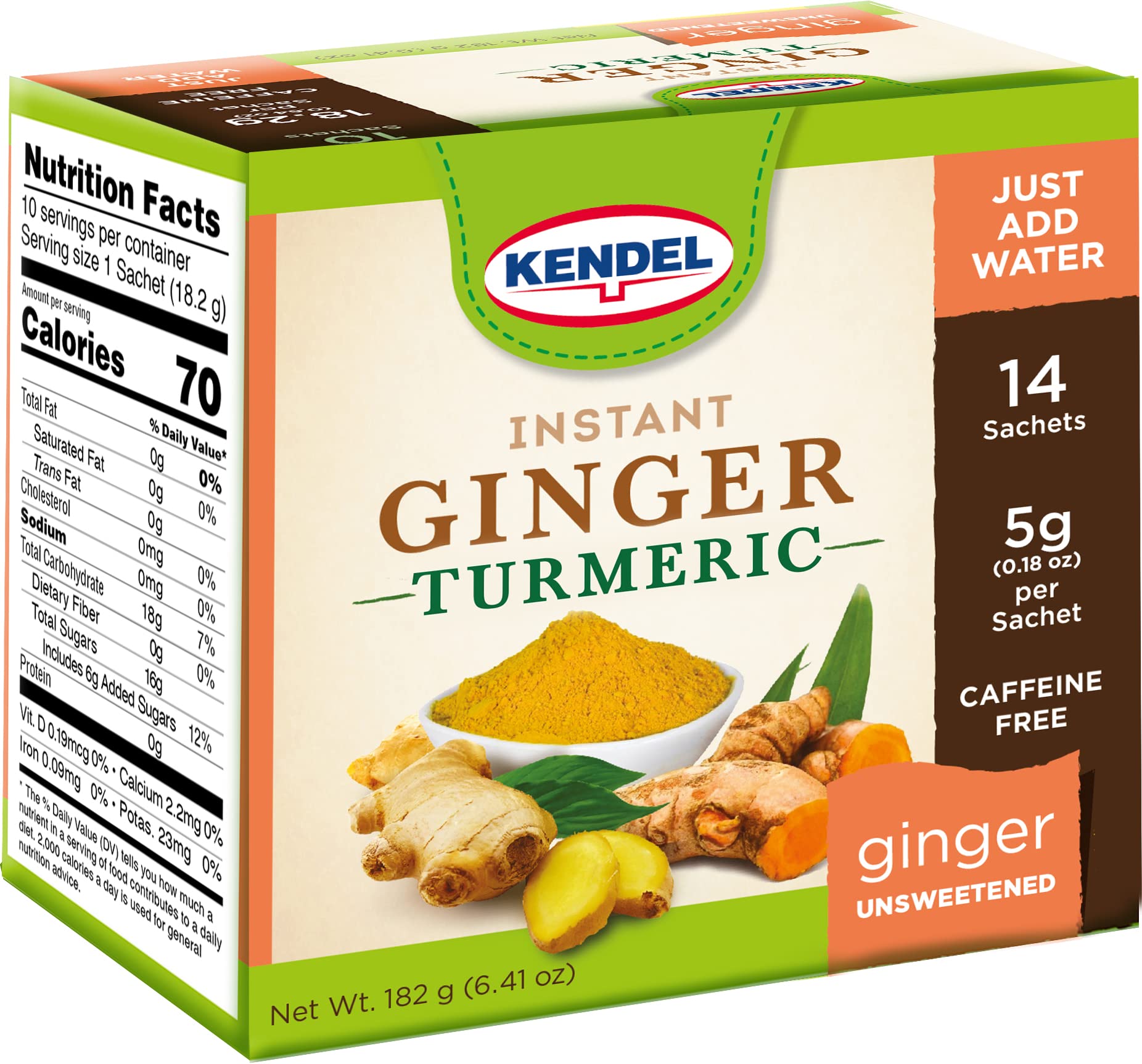 Kendel Instant Ginger Tea, Ginger-Tumeric Unsweetened, Caffeine Free, Non-GMO, 14 Tea Bags