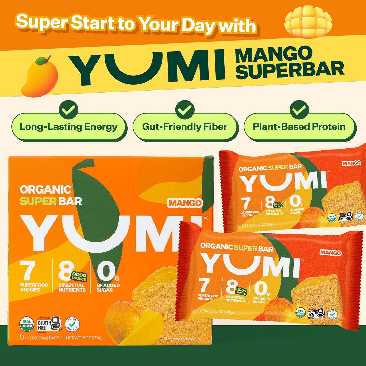 YUMI Organic Breakfast Superbar, Gluten-Free, No Added Sugar, 30ct, Mango Flavor