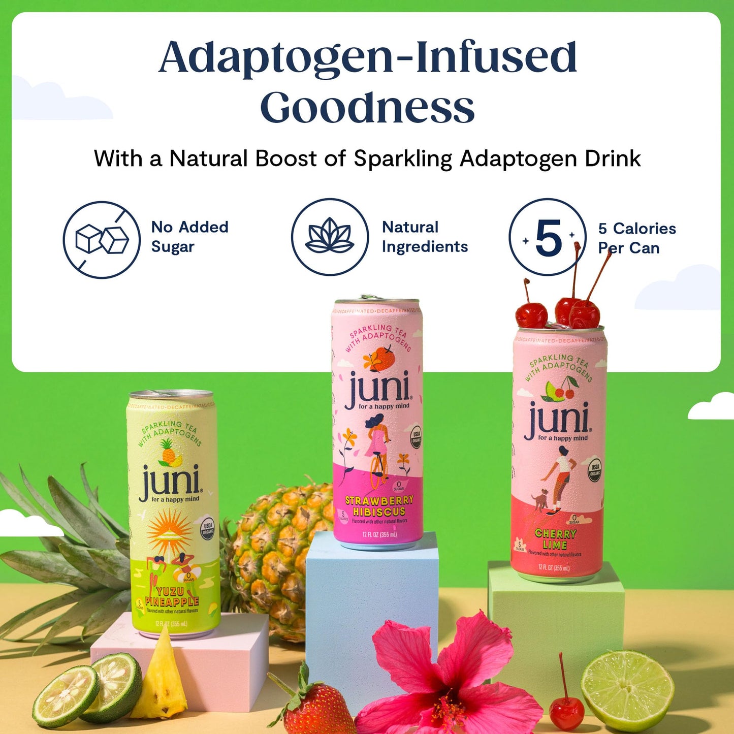 JUNI Sparkling Adaptogen Drink, Variety Pack (12 Pack), 12 Fl Oz Each, Zero Sugar, Non-  ic, Decaffeinated