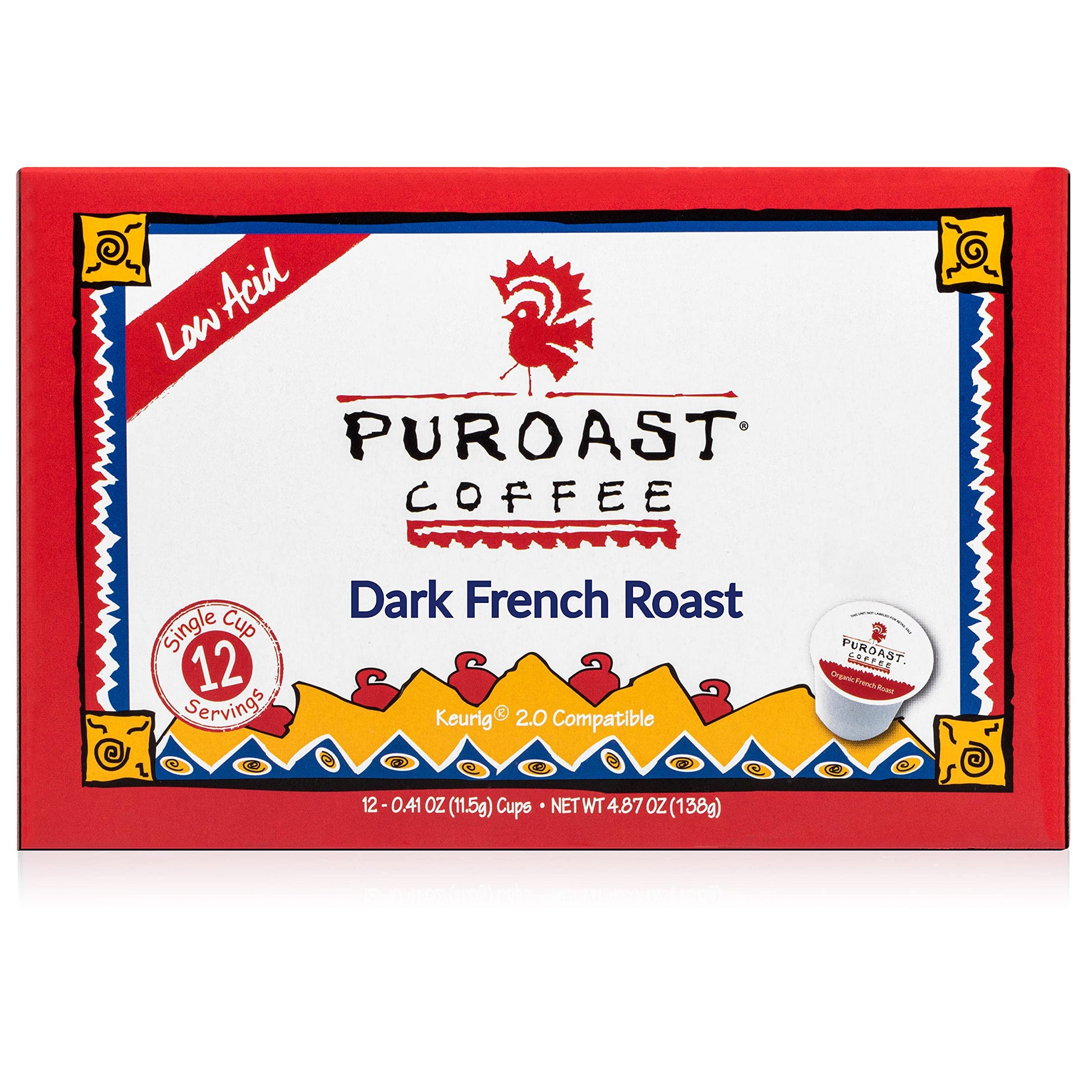 Puroast Coffee French Roast Single Serve Pods, 12 Count, Brown, Compatible with Keurig Brewer, High Antioxidants, No Bitter Aftertaste