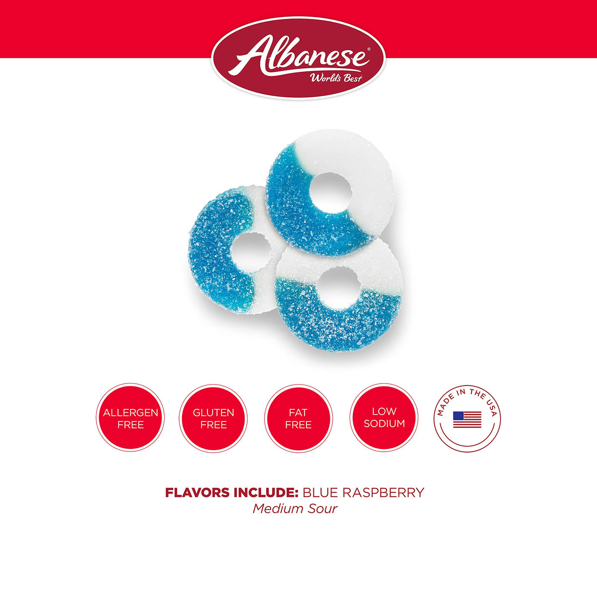 Albanese Gummi Blue Raspberry Rings, 4.5 lbs of Candy, Blue and White, Model 50131