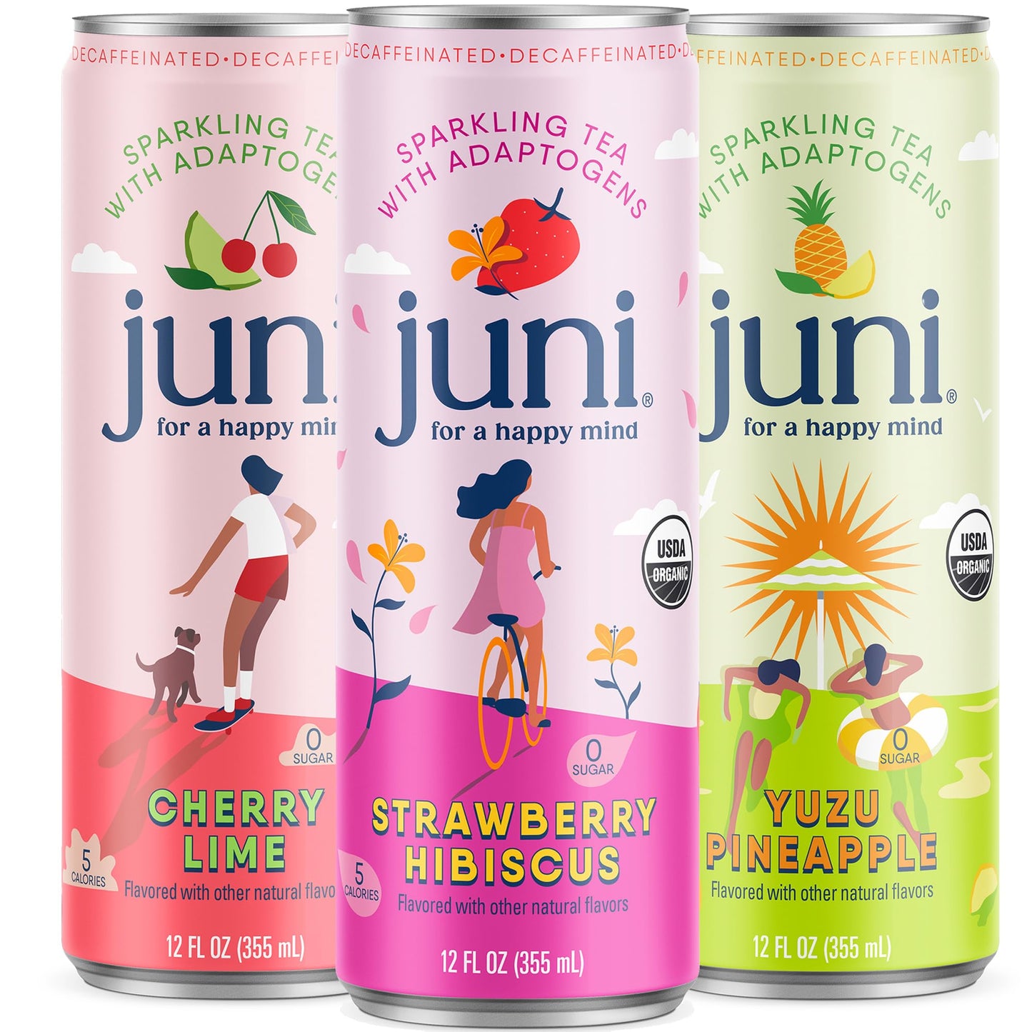 JUNI Sparkling Adaptogen Drink, Variety Pack (12 Pack), 12 Fl Oz Each, Zero Sugar, Non-Alcoholic, Decaffeinated