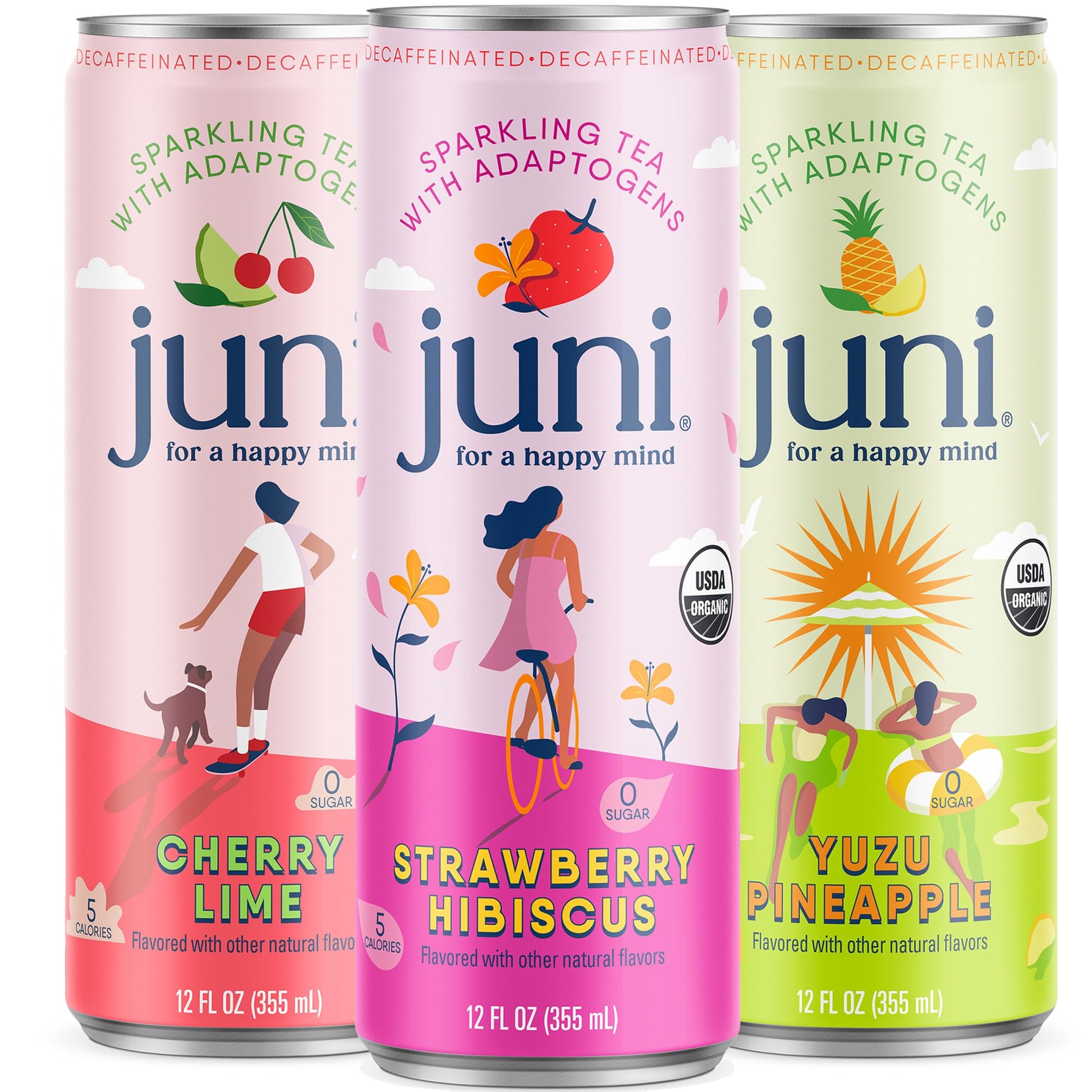 JUNI Sparkling Adaptogen Drink, Variety Pack (12 Pack), 12 Fl Oz Each, Zero Sugar, Non-Alcoholic, Decaffeinated