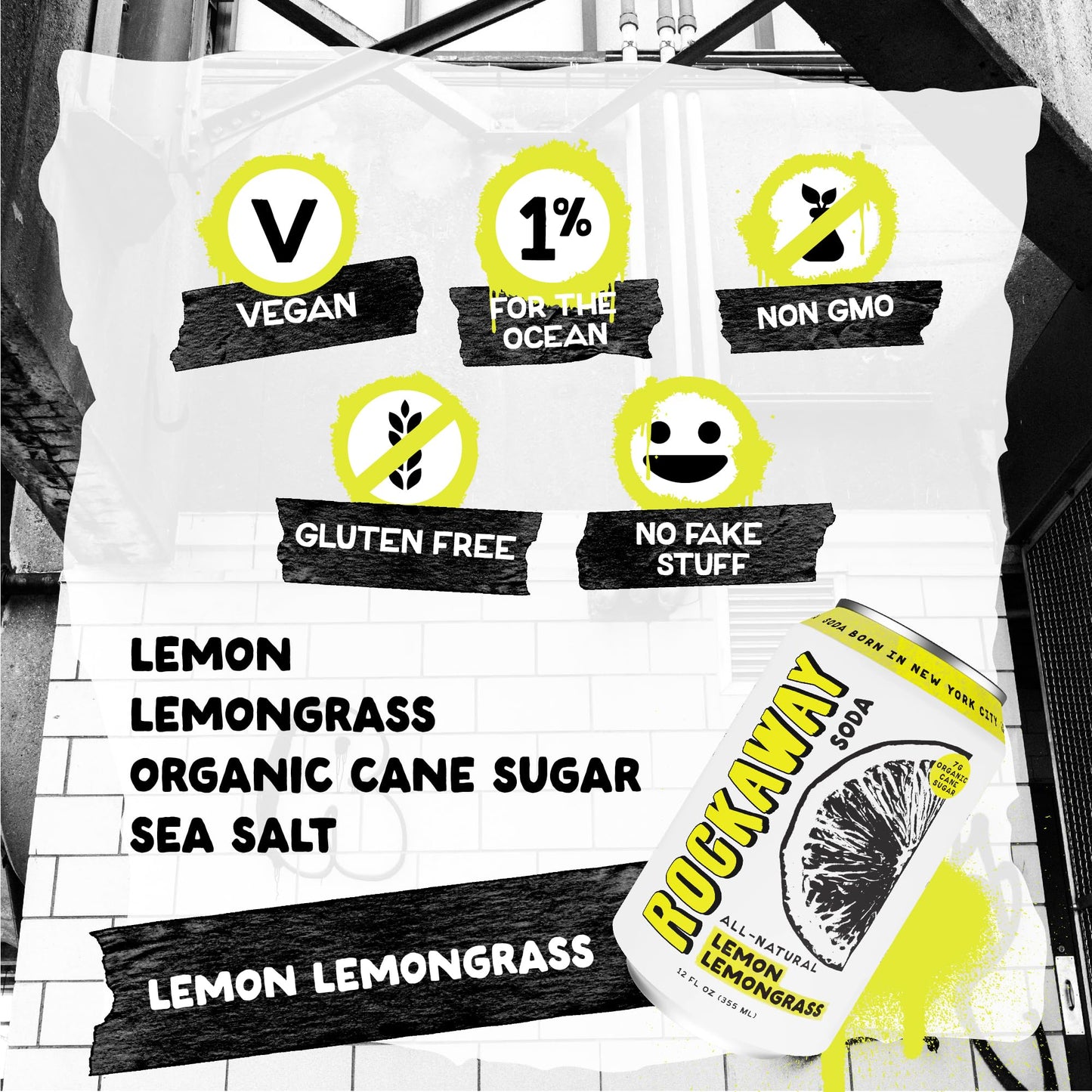 ROCKAWAY Lemon Lemongrass Soda Drinks - Low calorie drinks made from Real Fruit Juice  All Natural - Soda Pop Drinks Gluten Free  Vegan  GMO Free - 12oz (12 Pack)