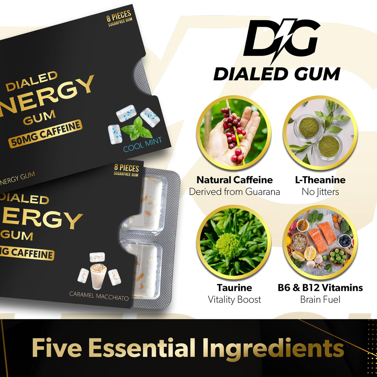 Dialed Gum Caffeine Gum - Sugar Free Energy dietary product with 50mg Caffeine, 8 Count, Cool Mint Flavor