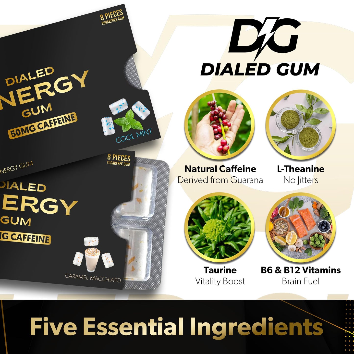 Dialed Gum Energy Caffeine Gum, 50mg Caffeine, Sugar Free, Aspartame Free, 24 Pieces, Caramel Macchiato Flavor