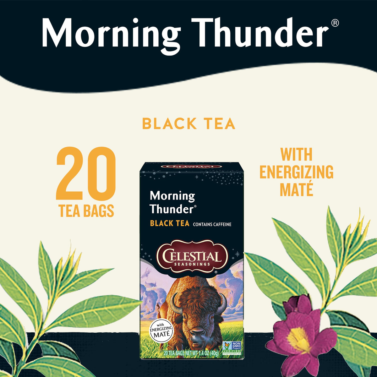 Celestial Seasonings Morning Thunder Black Tea, Caffeinated, 20 Tea Bags Box (Pack of 6)