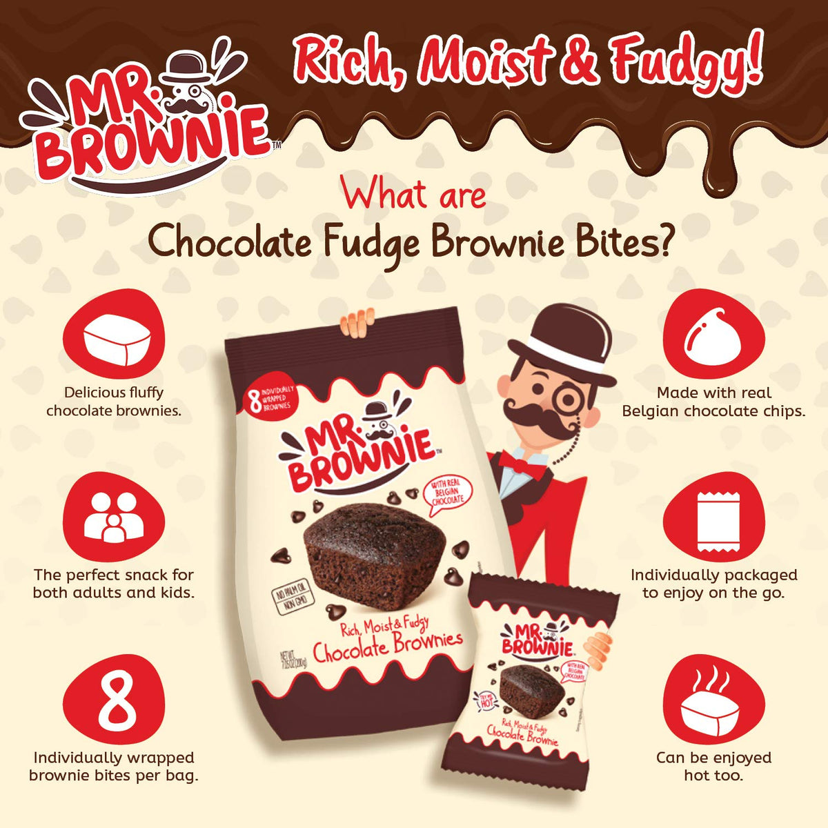 Mr. Brownie Chocolate Brownies | 8 Individually Wrapped Brownie Bites | Snack Packs For Kids & Adults | Real Belgian Chocolate