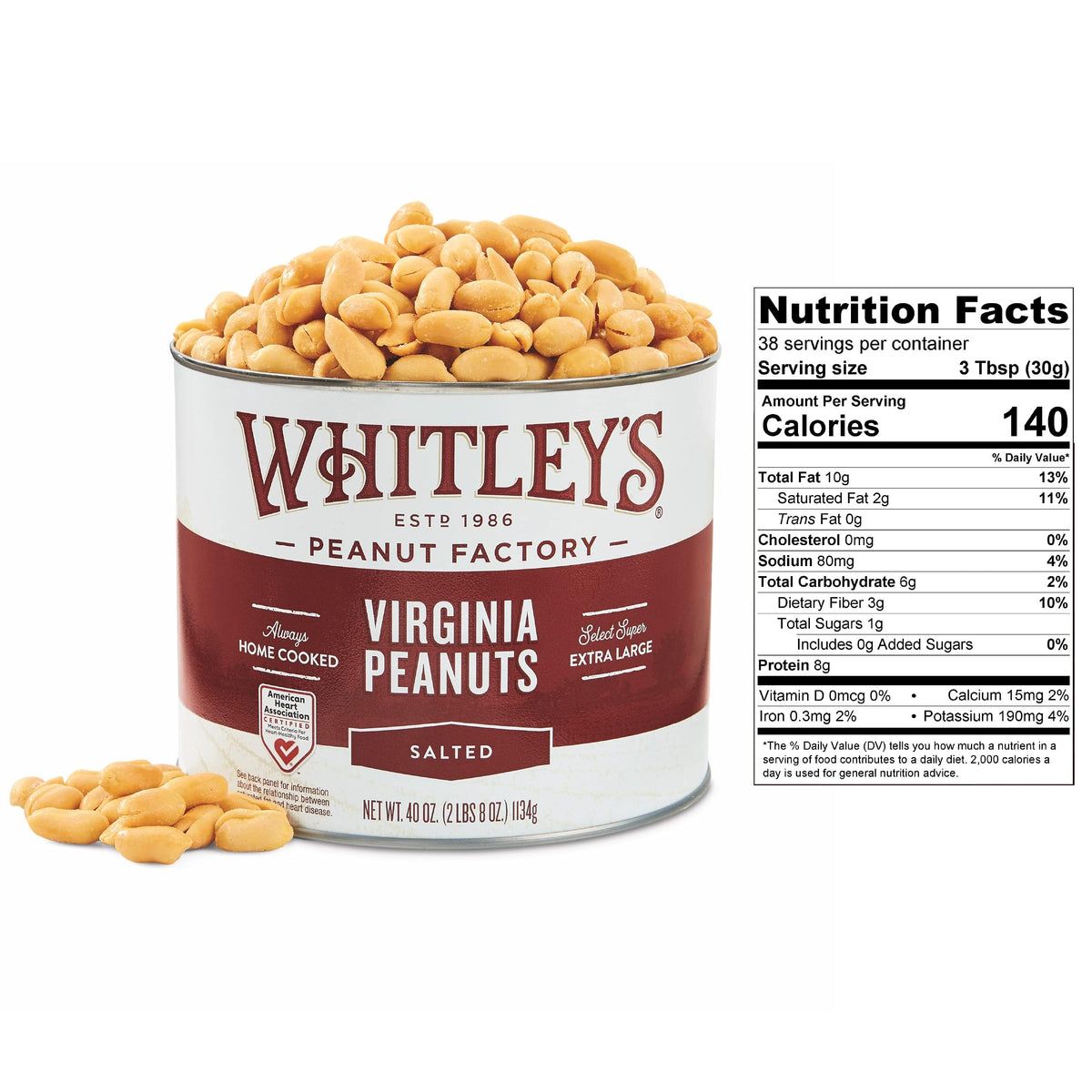 Whitleys Salted Virginia Peanuts - Super Extra Large Home Cooked Virginia Peanuts (2 x 40 Ounce Tin)