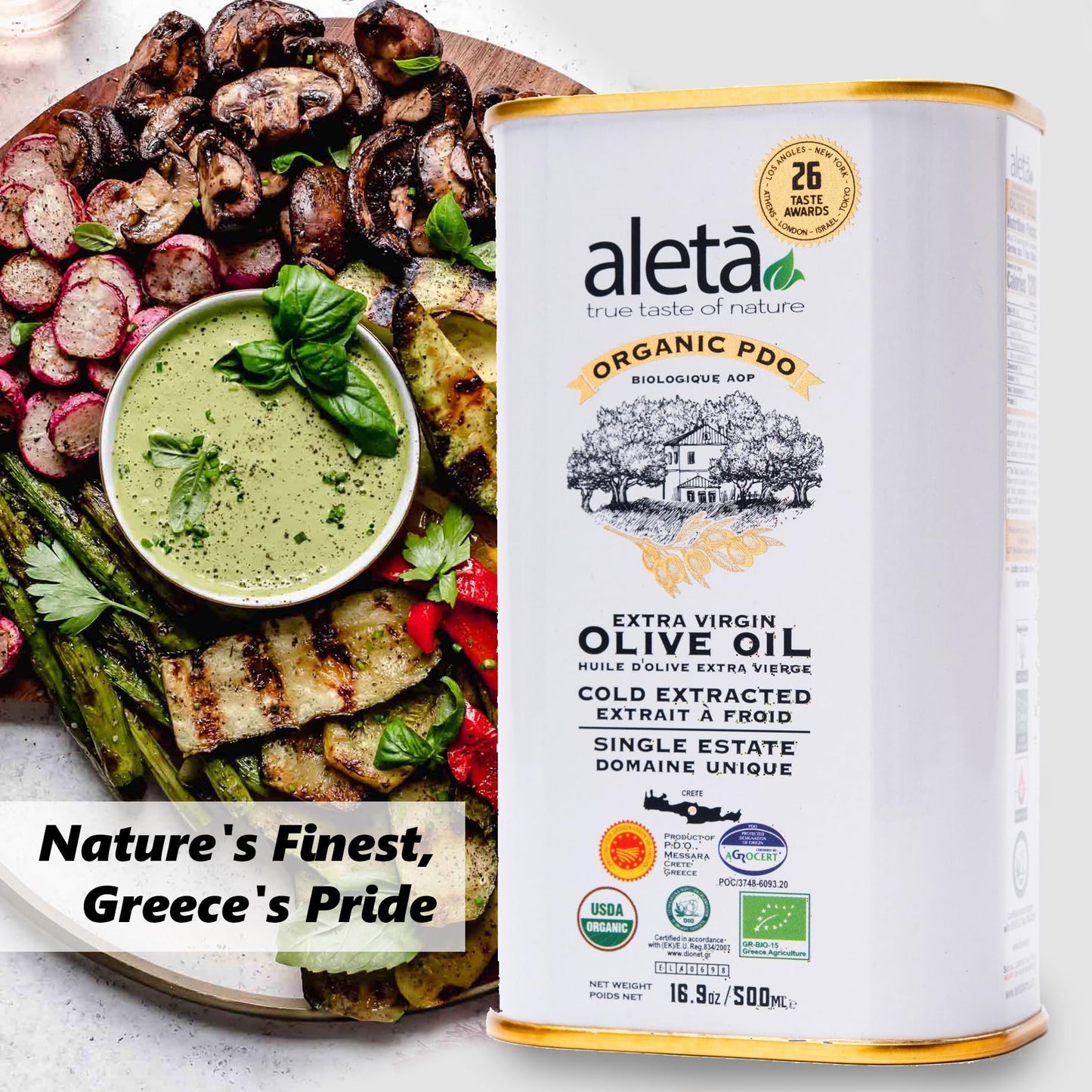 Aleta Farms Extra Virgin Olive Oil, USDA Organic, Cold Pressed, 16.9 Fl Oz (Pack of 2)