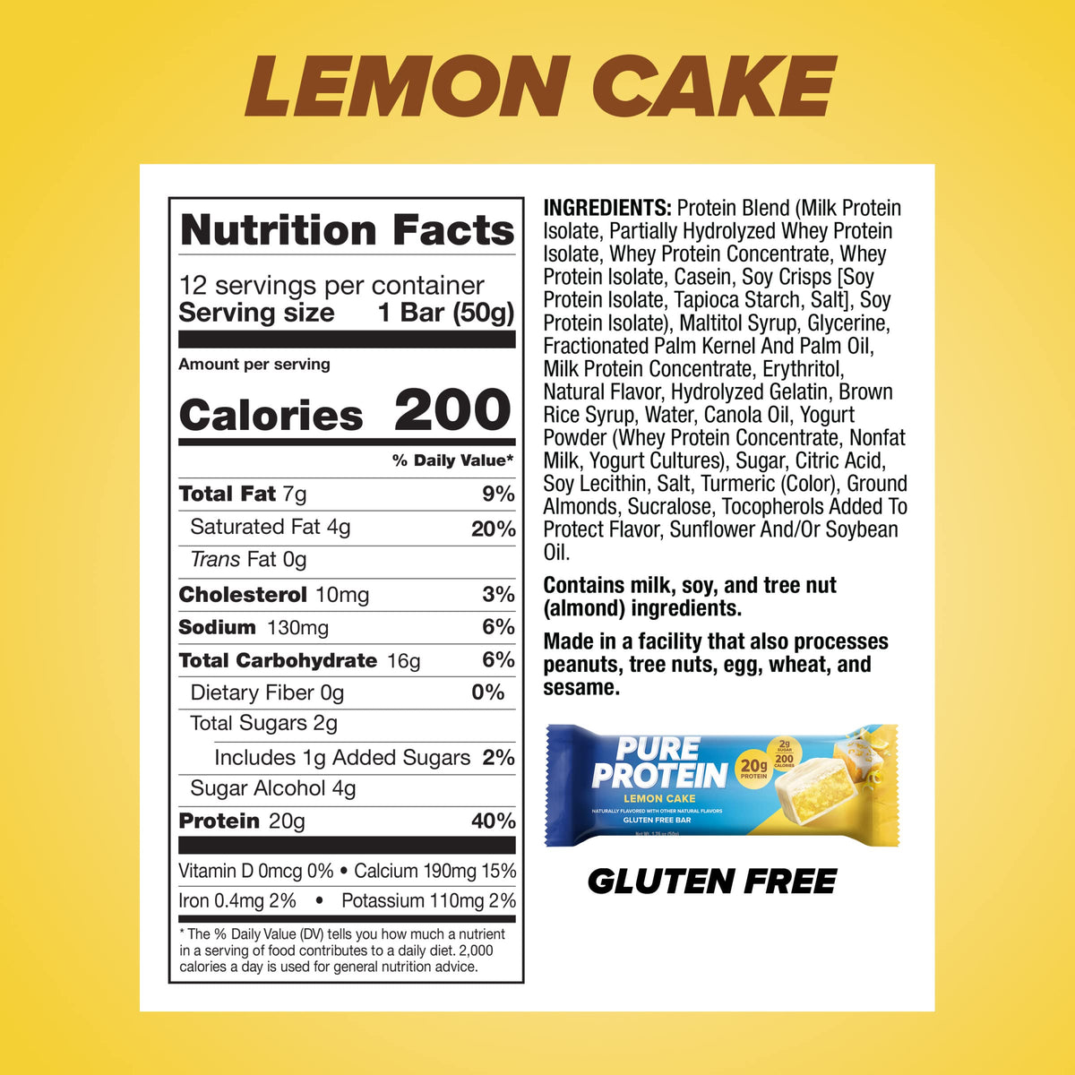 Pure Protein Bars, High Protein, Nutritious Snacks To Support Energy, Low Sugar, Lemon Cake, 1.76 Oz, 12 Count (Pack Of 1)(Packaging May Vary)