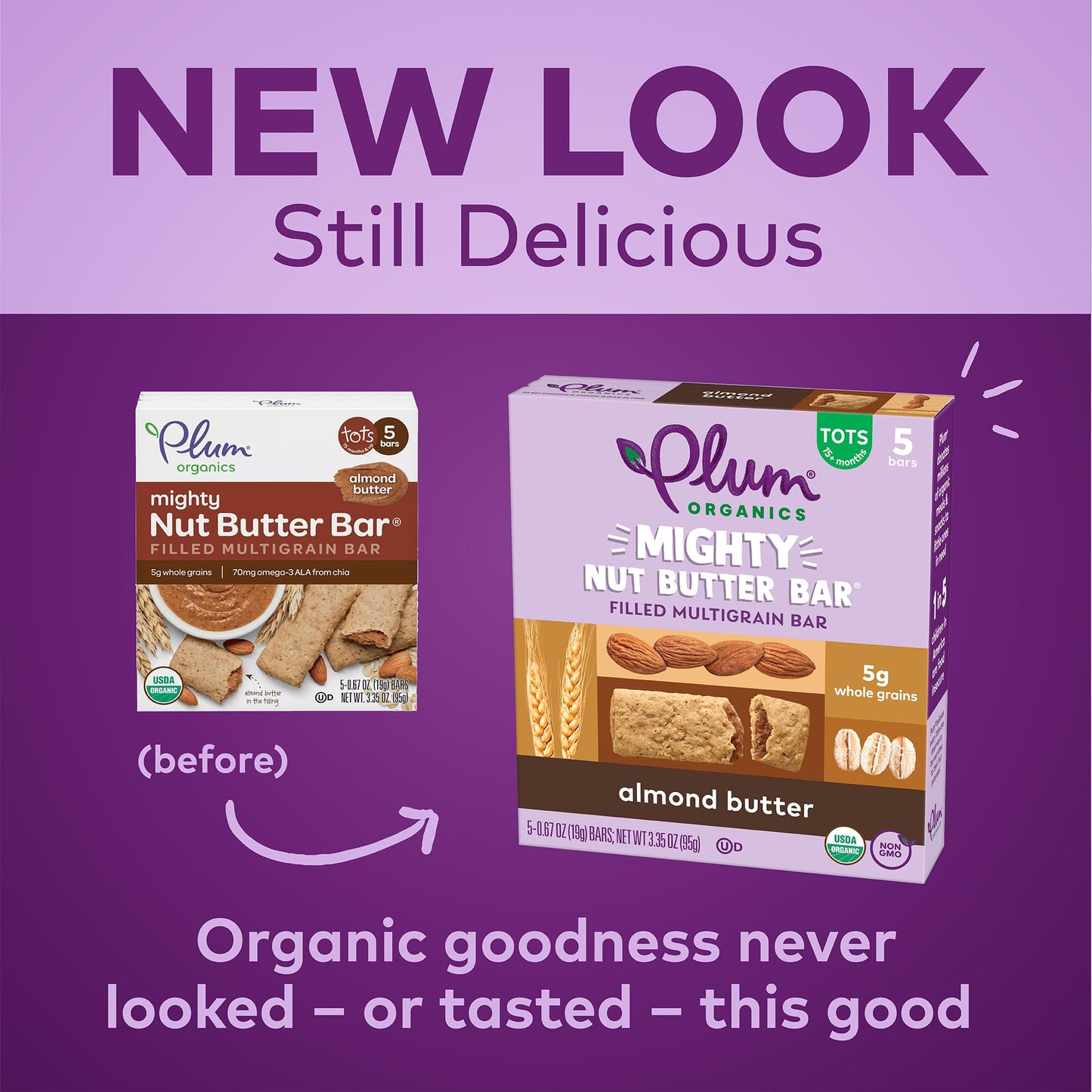 Plum Organics Mighty Nut Butter Bars - Almond Butter - 0.67 Oz Bars (Pack Of 5) - Organic Toddler Food Multigrain Snack Bars