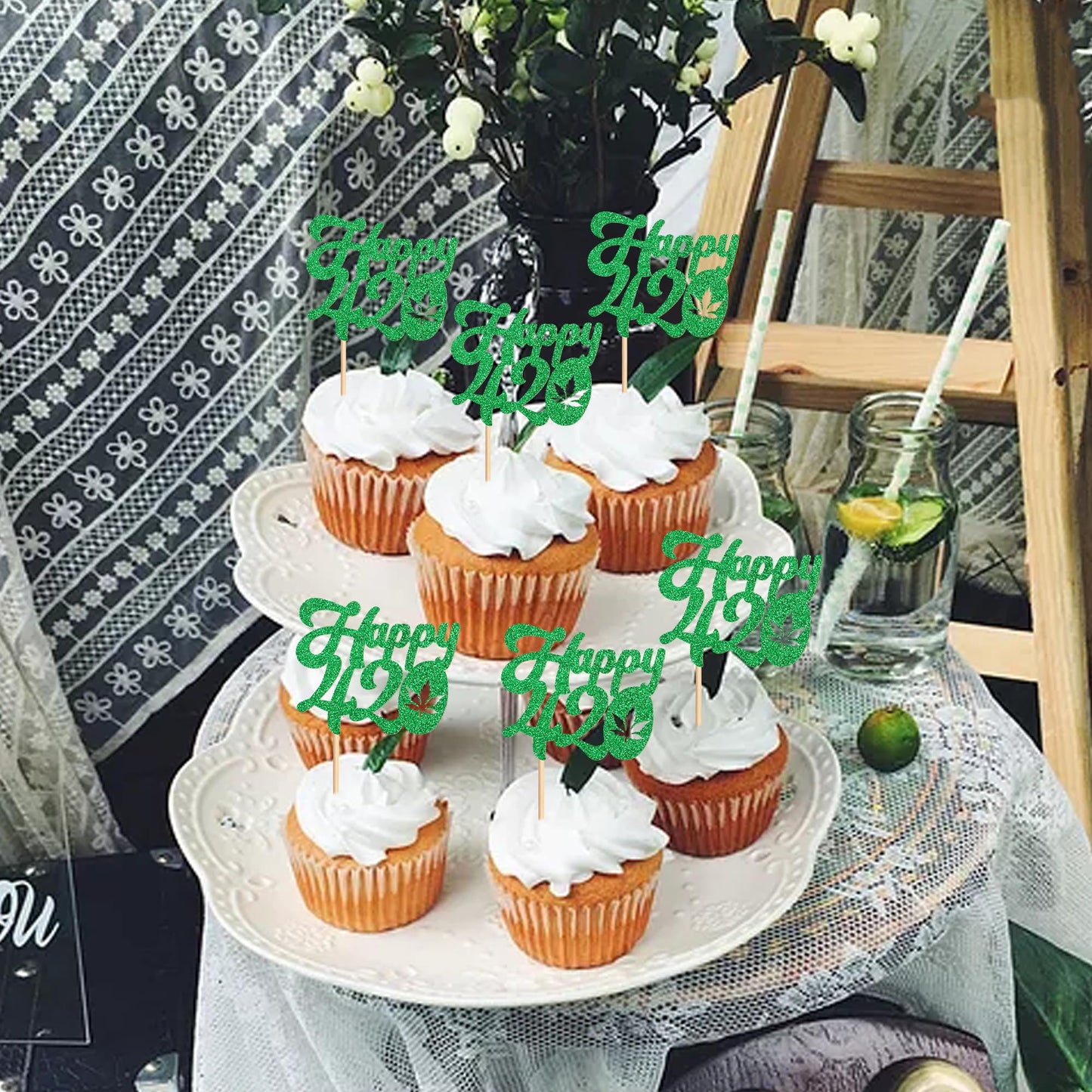 Ercadio 24 Pcs Cupcake Toppers Green Glitter Birthday Party Decorations for Men Women 420 Theme