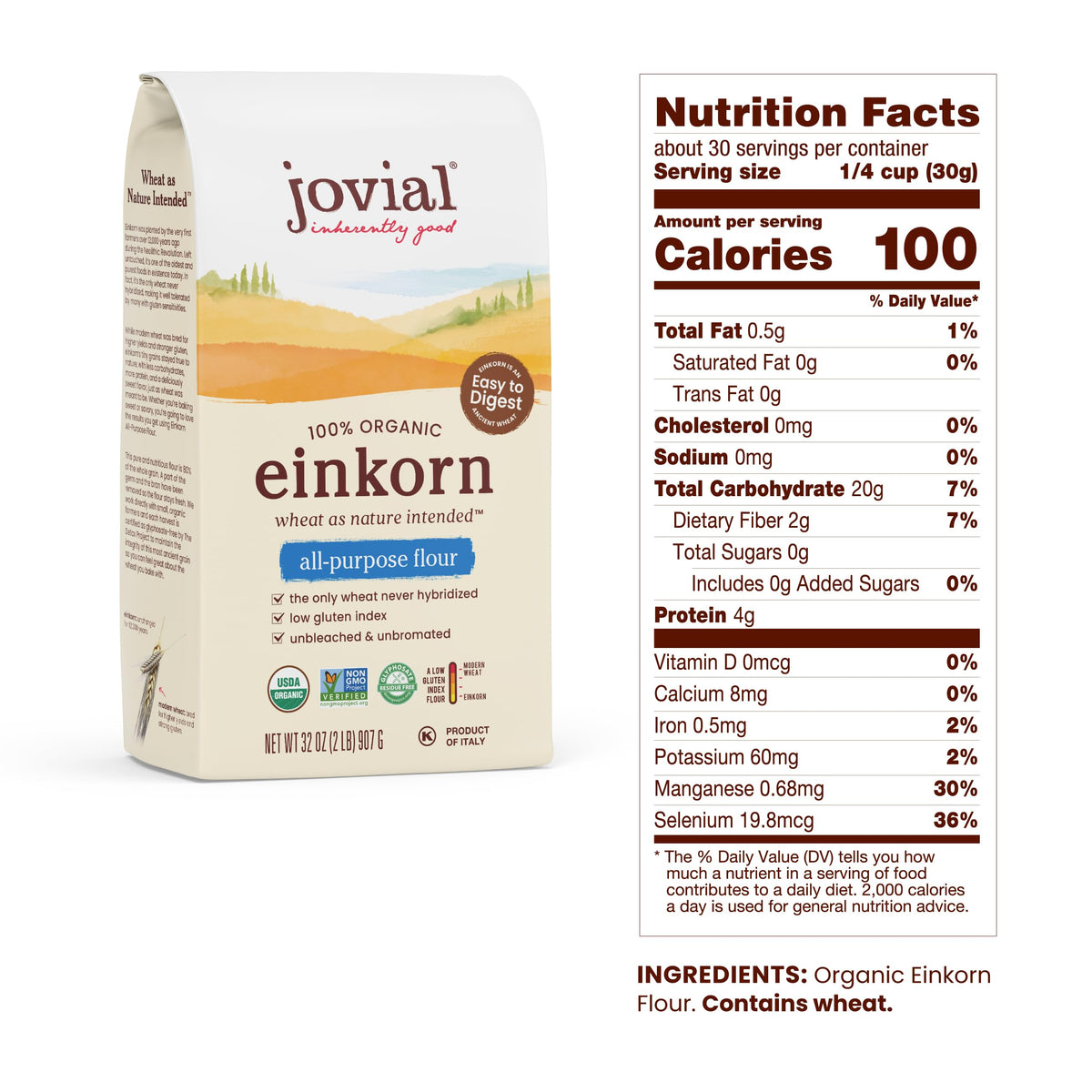 Jovial Organic Einkorn Flour, 32 oz (2 pack), Non-GMO, Whole Grain, Model 1238773