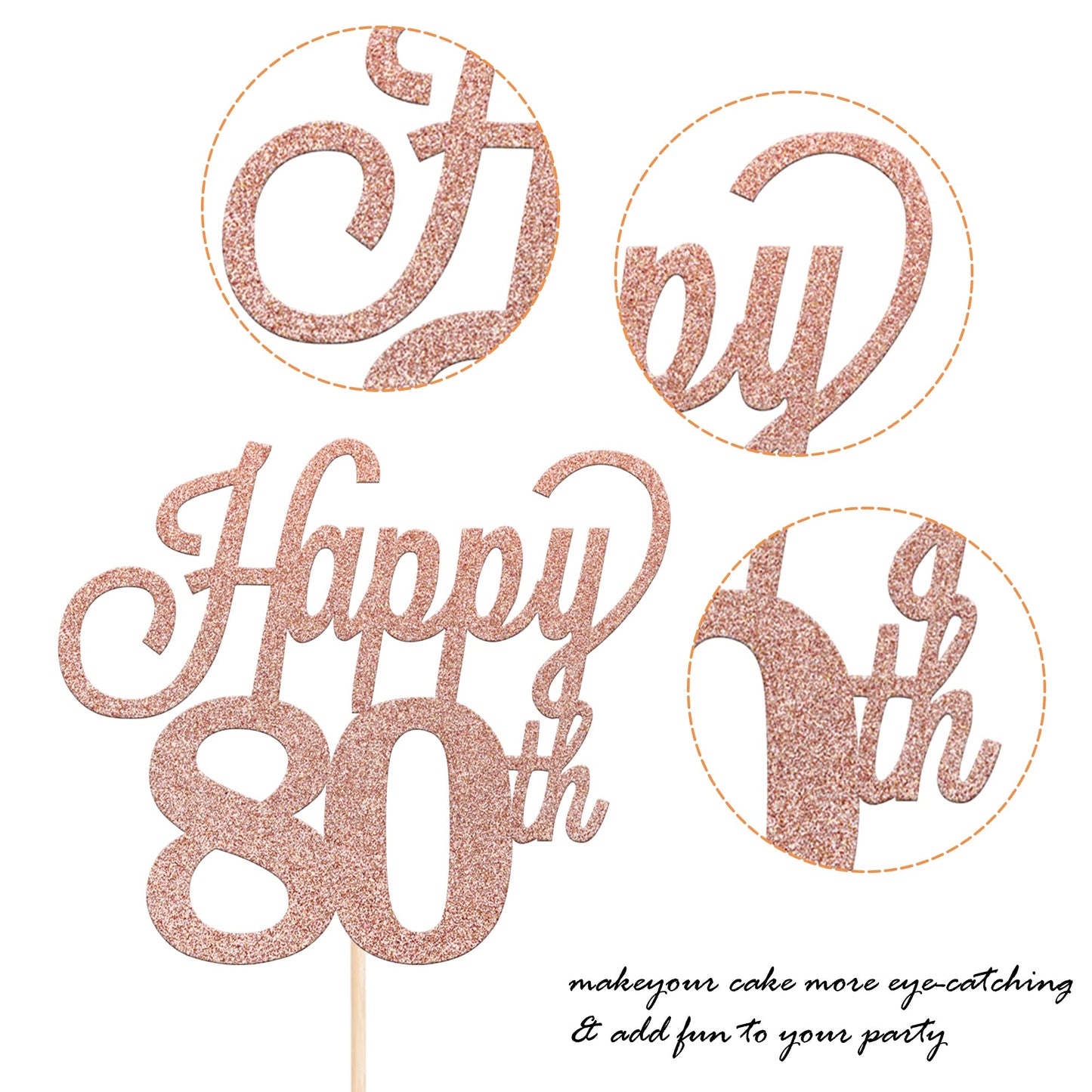 YCTHUNFISH 80th Birthday Cake Topper Black Glitter Number 80 Rose Gold Bamboo Decoration