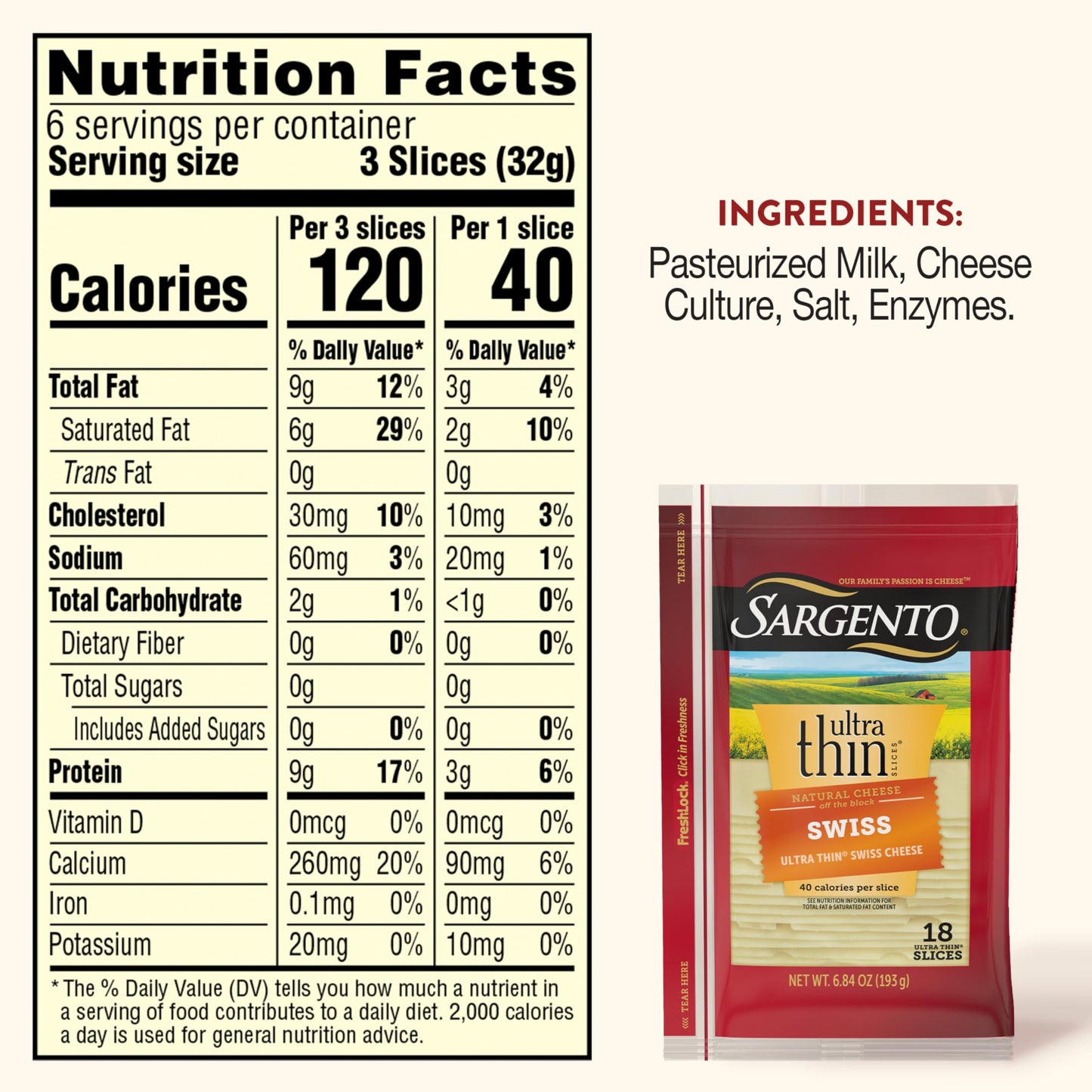 Sargento Ultra Thin Natural Swiss Sliced Cheese, 18 Slices