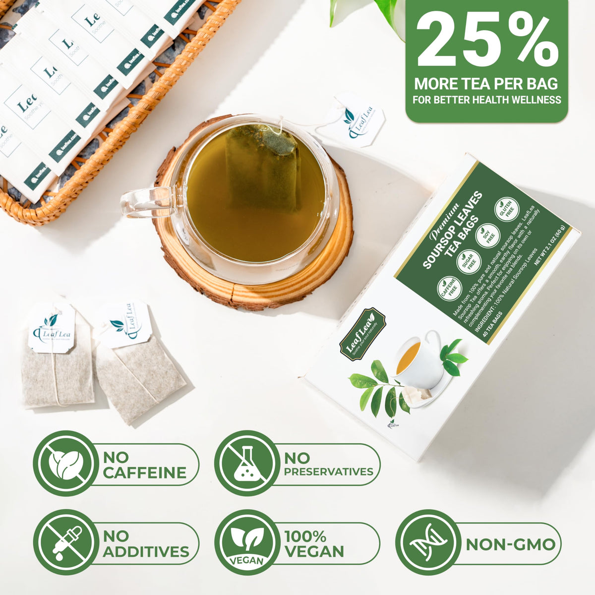 LeafLea Soursop Leaf Tea Bags - Natural Digestive Support, Caffeine-Free, 40 Bags