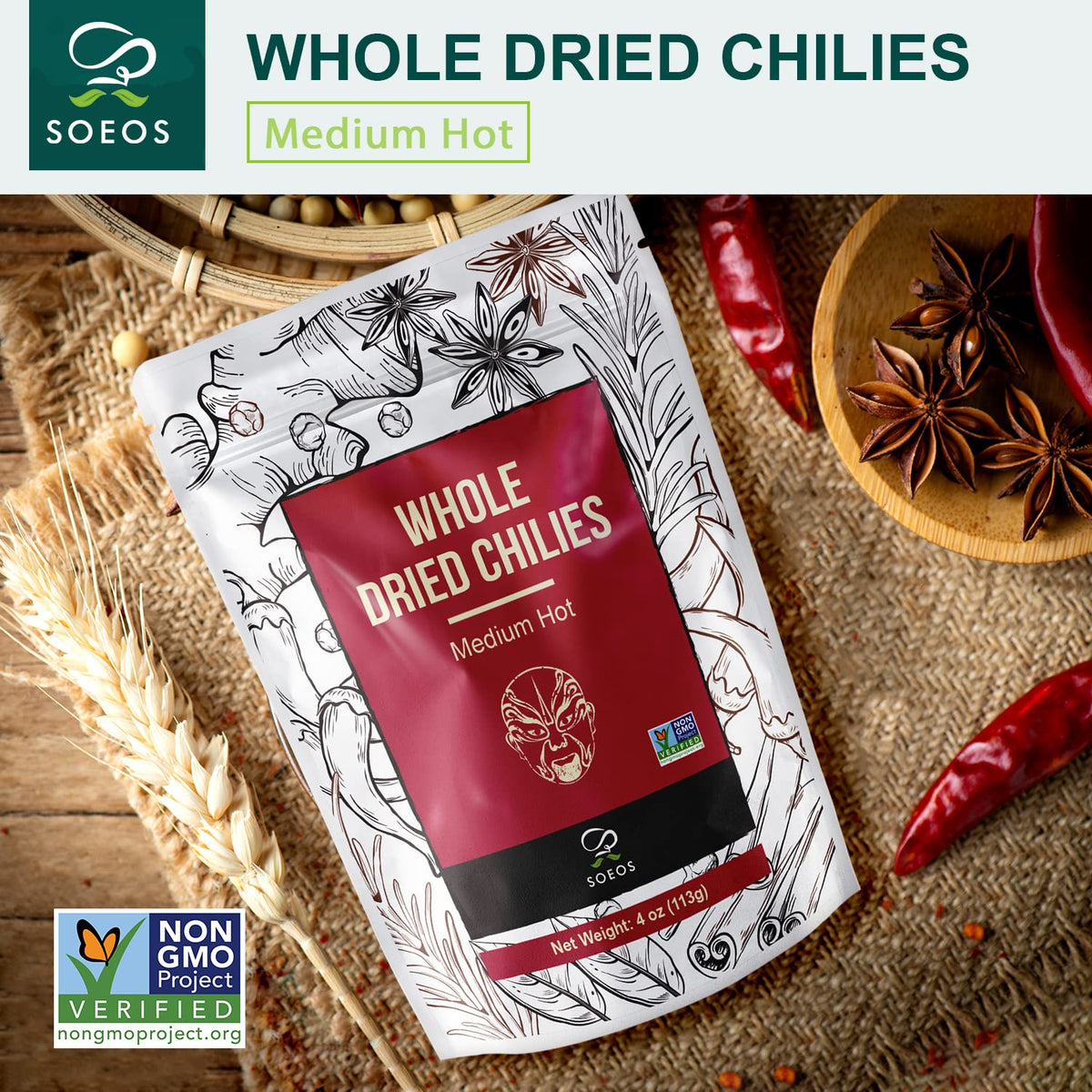 Soeos Whole Dried Chili Peppers, Medium Spicy, 4oz, Great for Mexican Recipes