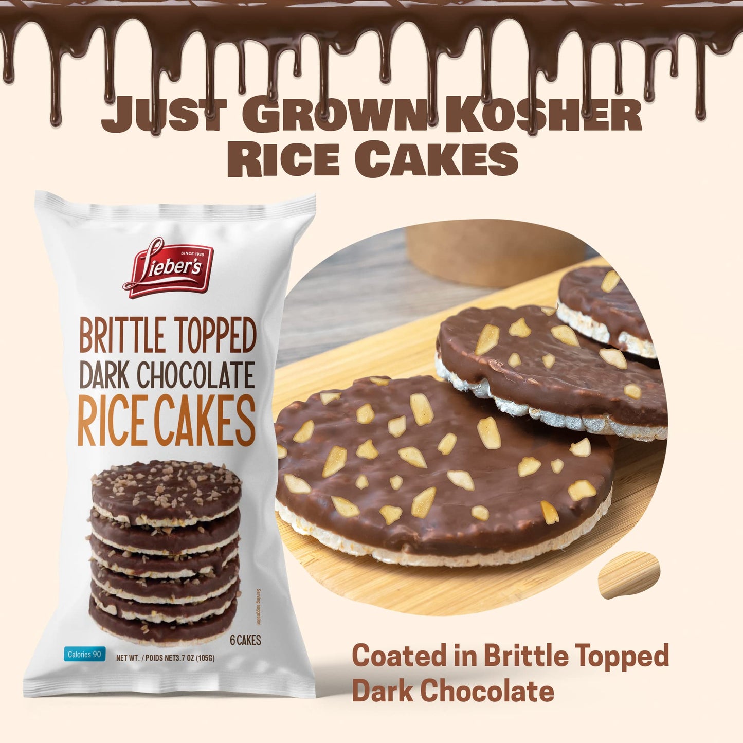 Liebers Thin Chocolate Rice Cakes, Kosher Certified Dairy And Dairy Free Options, Gluten Free Snack (Brittle Topped Dark Chocola