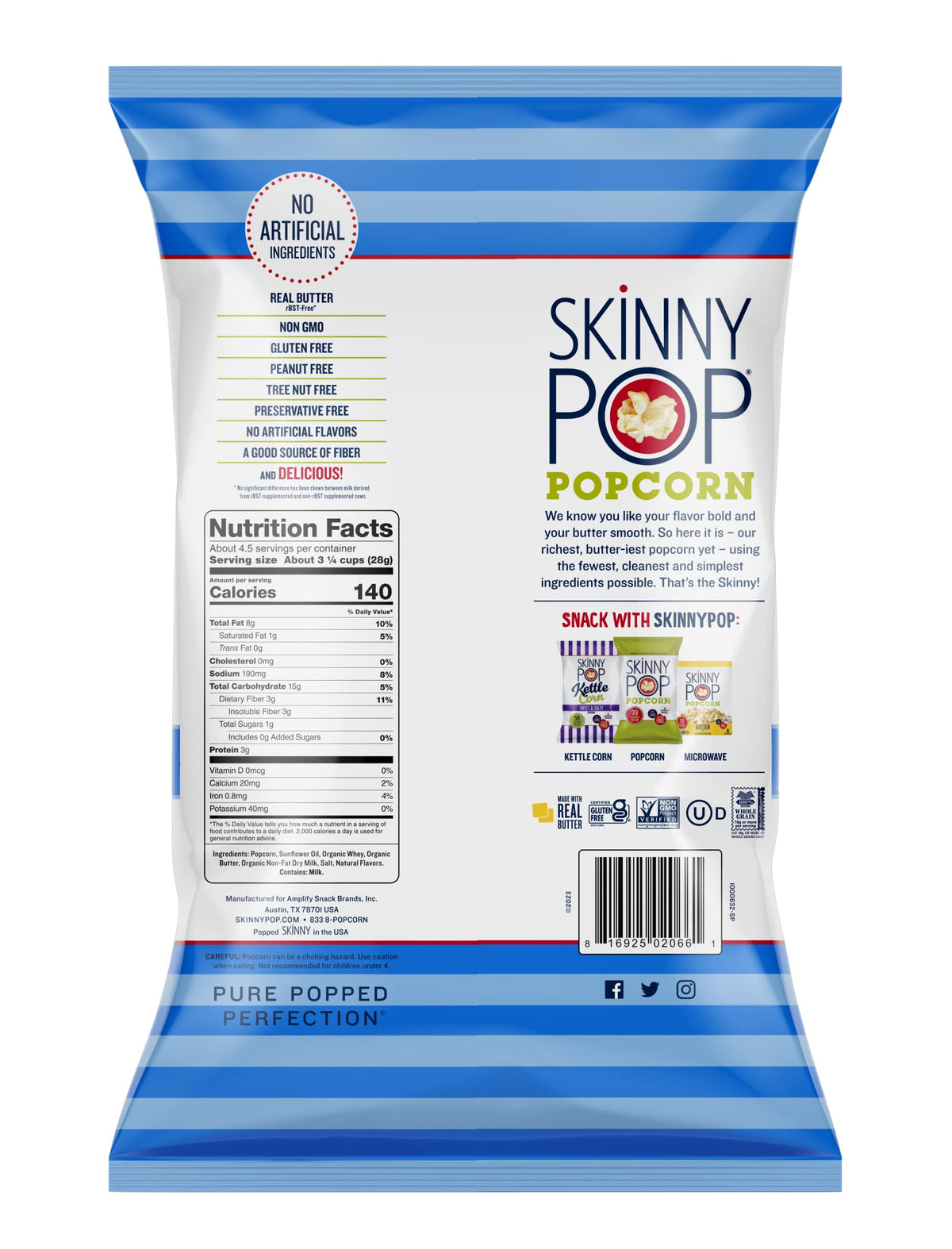 Skinnypop Butter Popcorn, Gluten Free, Non-Gmo, Healthy Popcorn Snacks, Skinny Pop, 4.4Oz Grocery Size Bags (12 Count)