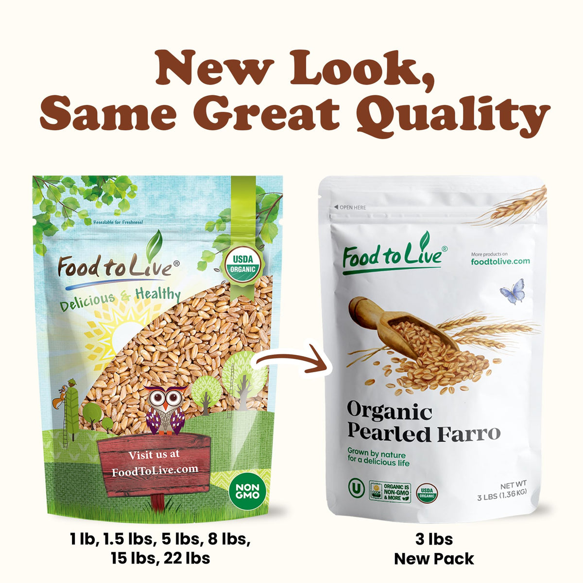 Food to Live Organic Italian Pearled Farro, 3 Pounds - Non-GMO, Kosher, Vegan, Whole Farro Grain in Bulk, Good Source of Fiber a