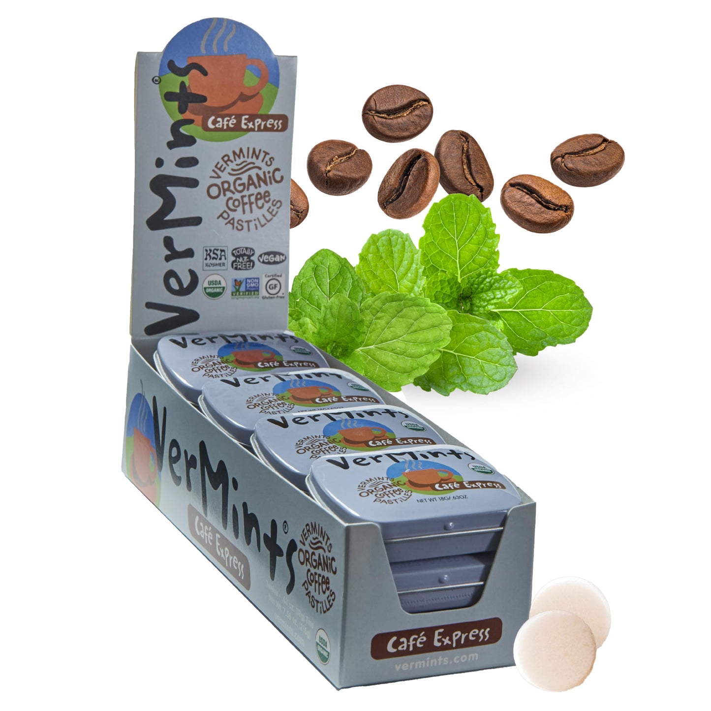 VerMints Organic Breath Mints Caf   Express - Real Ingredients, Lasting Coffee Flavor - Travel Size Tins - Non-GMO, Nut Free, Gl