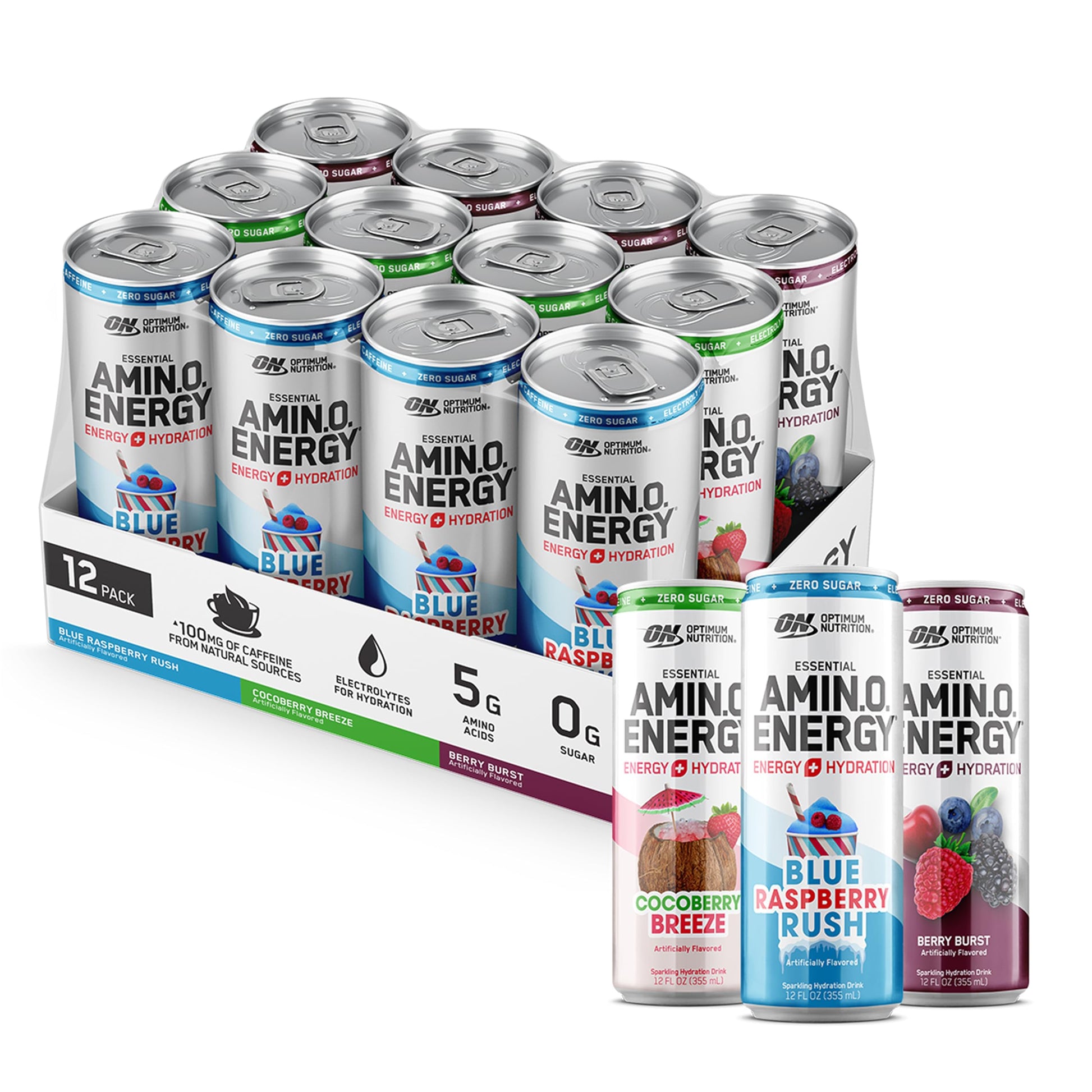 Optimum Nutrition Amino Energy Sparkling Hydration Drink  Electrolytes  Caffeine  Amino Acids  BCAAs  Sugar Free  12 Fl Oz  Berry Variety Pack of 12 (Packaging May Vary)