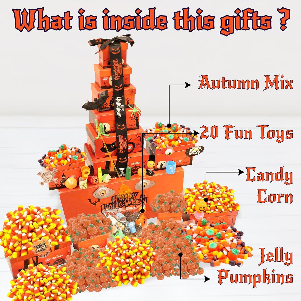 Sarahs Candy Factory Halloween Tower Box With Ribbon – 6 Tier Gift Box With Candy Corn, Autumn Mix, Indian Candy Corn, Jelly Pumpkins And 20 Fun Toys, Individually Wrapped Treat Packs