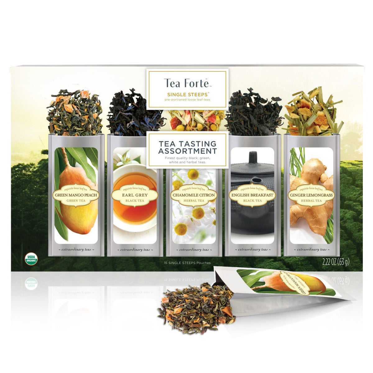 Tea Forte Single Steeps Loose Leaf Classic Tea Sampler, Assorted Variety Tea Box, Single Serve Pouches, 15 Count (Pack Of 1)