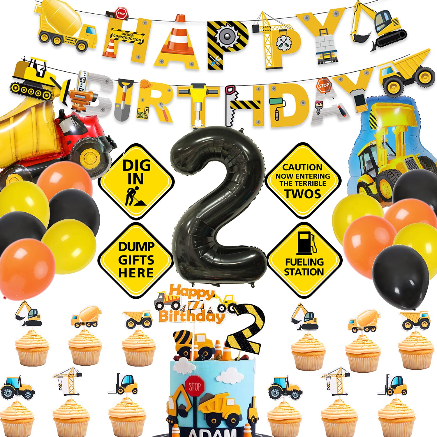 MATTTIME Construction 2nd Birthday Banner and Cupcake Topper, Plastic, Multi-Color, Model 0703, Traffic Sign Cutouts for 2 Years Old Party