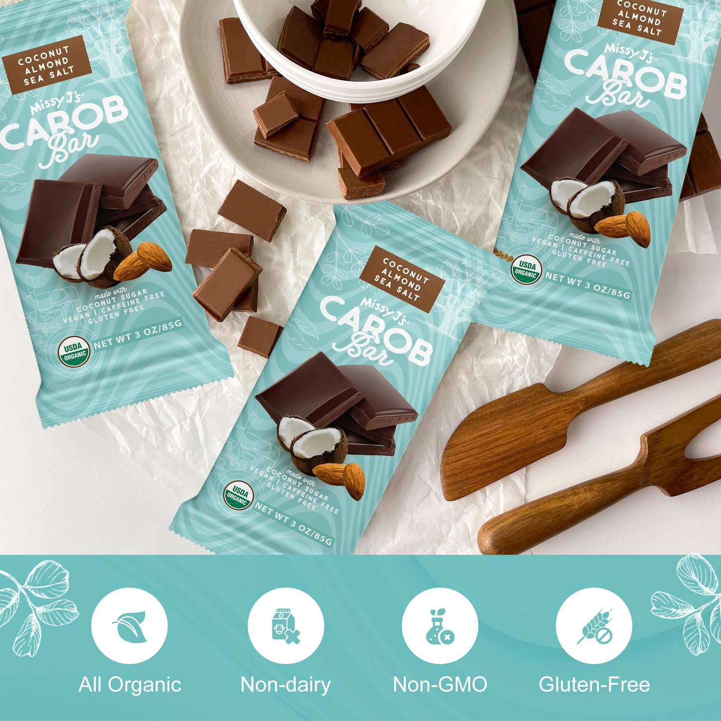 Missy Js Organic Coconut Almond Bars, Vegan, Gluten-Free, 2 Pack, Carob, Healthy Snack Substitute