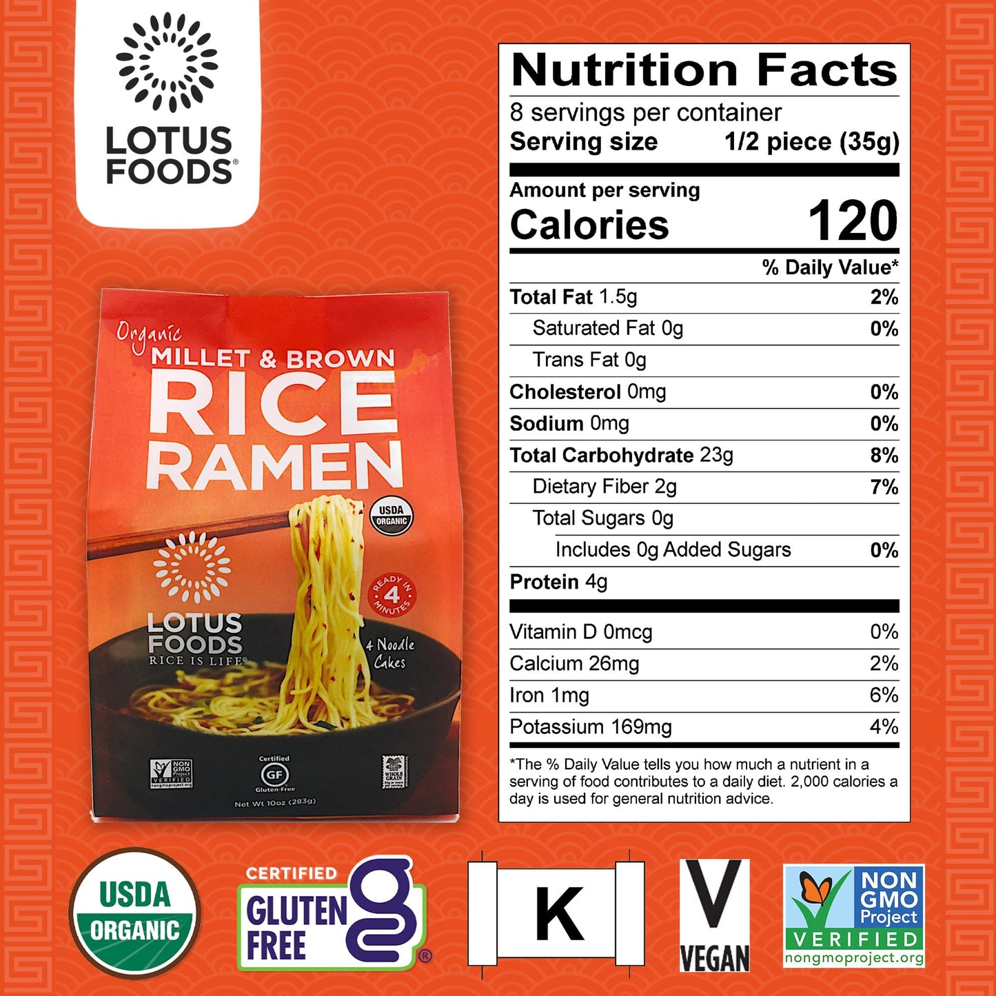 Lotus Foods Gourmet Organic MIllet and Brown Rice Ramen Noodles, 4 Count, 10 Ounce (Pack of 6)