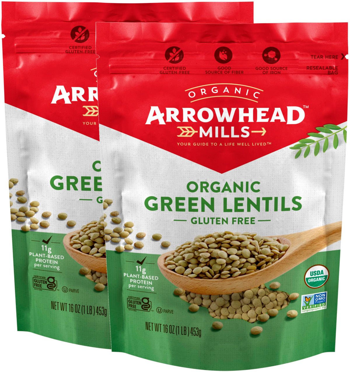 Arrowhead Mills Organic Green Lentils, 1 lb (Pack of 2)