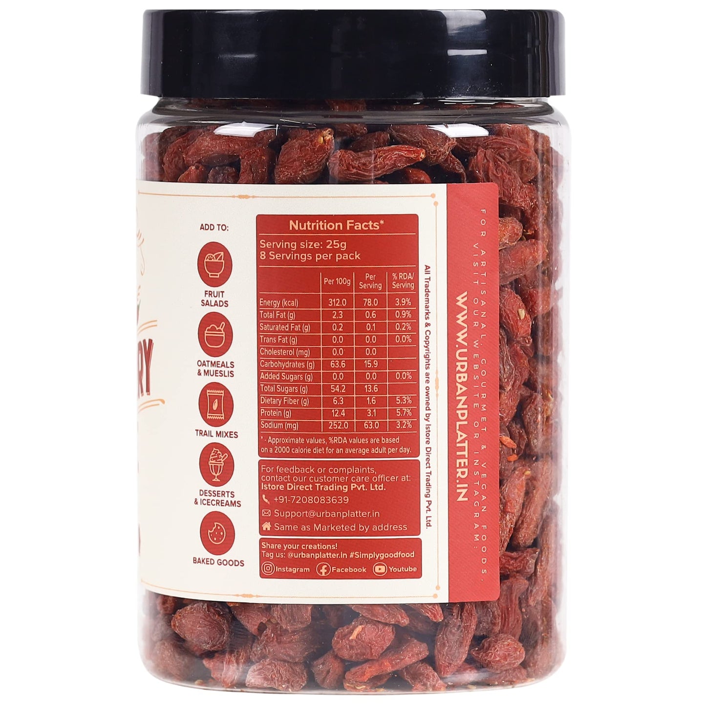 Urban Platter Goji Berries | 7.05 Oz (200G) | Dried Superfood Snack | Rich In Antioxidants & Fiber | Source Of Vitamin A & C | Gluten-Free & Non-Gmo | Perfect For Healthy Snacking, Oatmeal & Smoothies