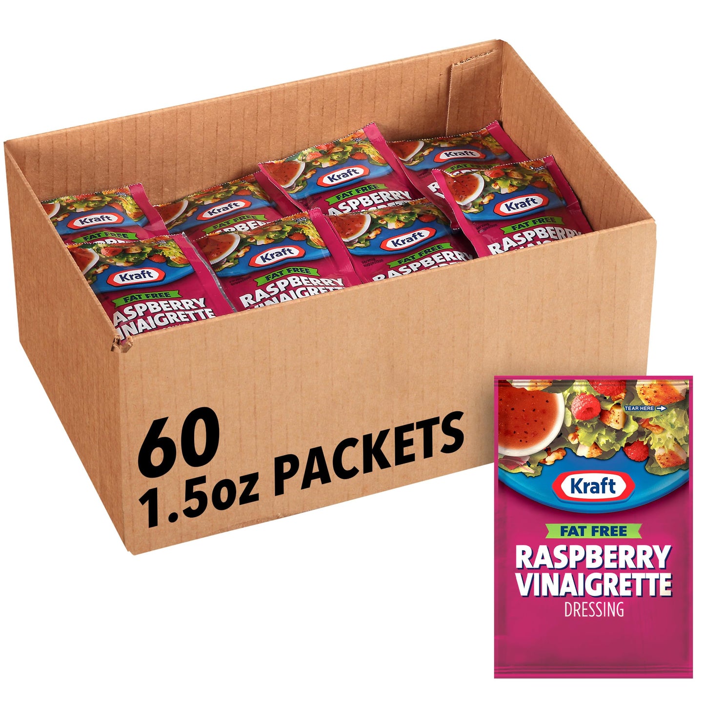 Good Seasons Kraft Fat Free Raspberry Vinaigrette Salad Dressing, 1.5 oz Packets, Pack of 60
