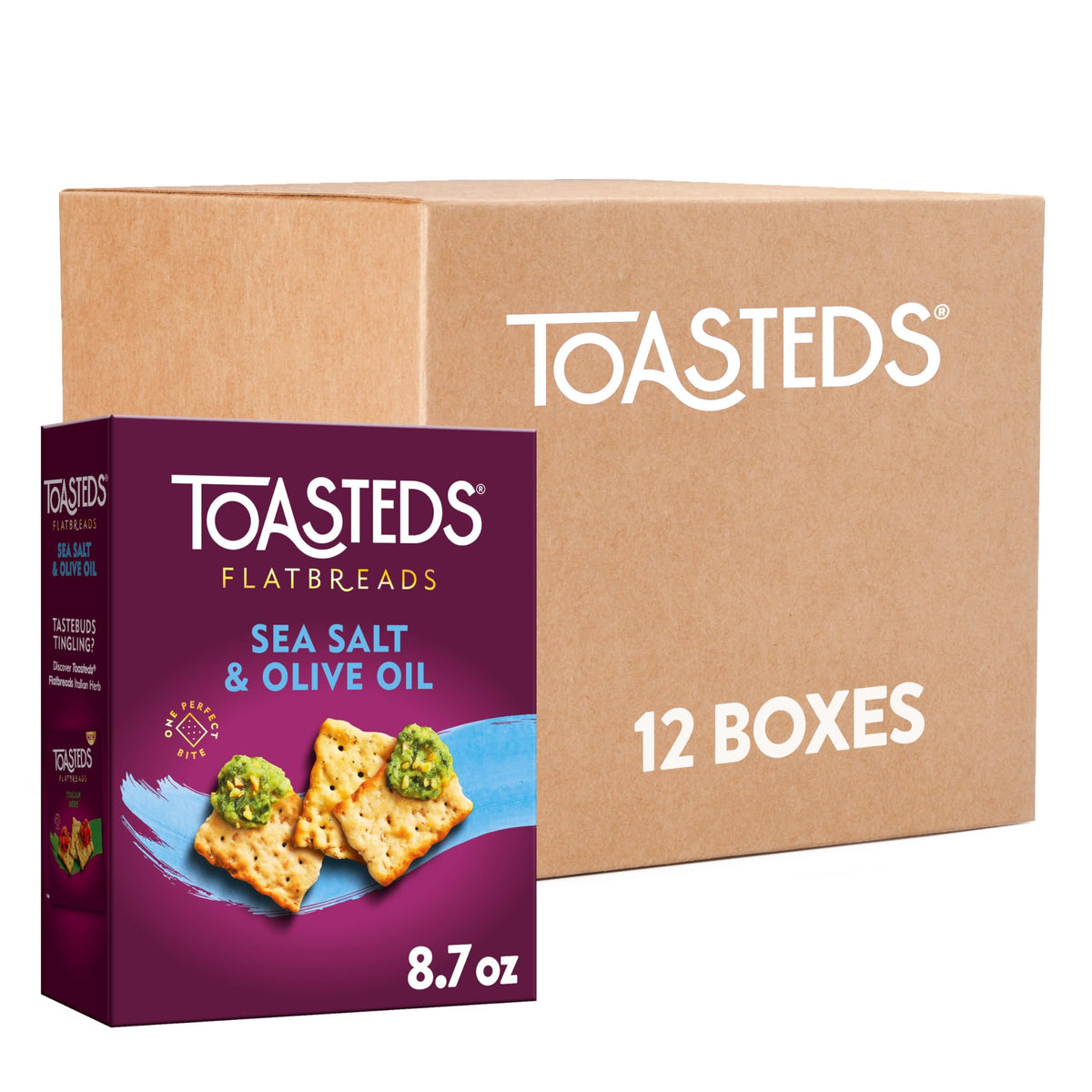 Toasteds Flatbreads Crackers, Party Snacks, Lunch Snacks, Sea Salt And Olive Oil (12 Boxes)