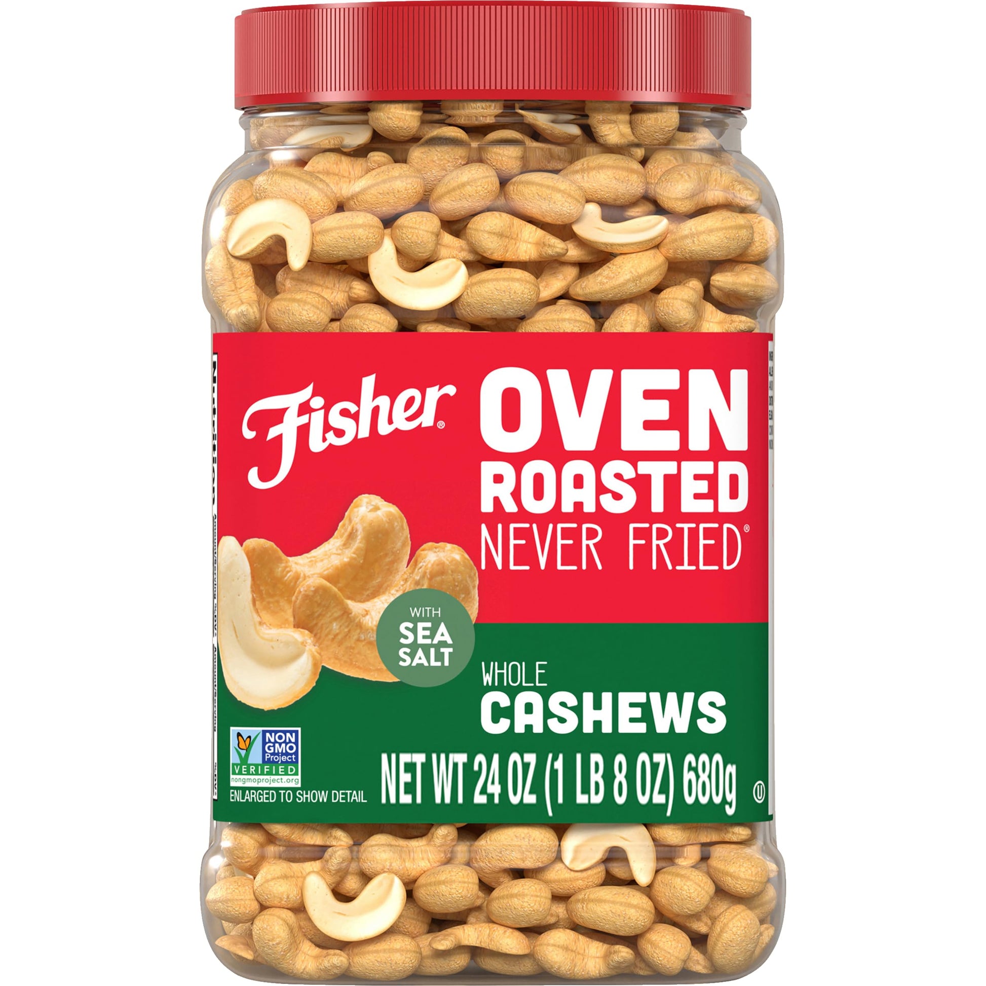 Fisher Whole Cashews, Oven Roasted, Sea Salt, 24 Ounces, Gluten Free, Vegan Protein, Snack