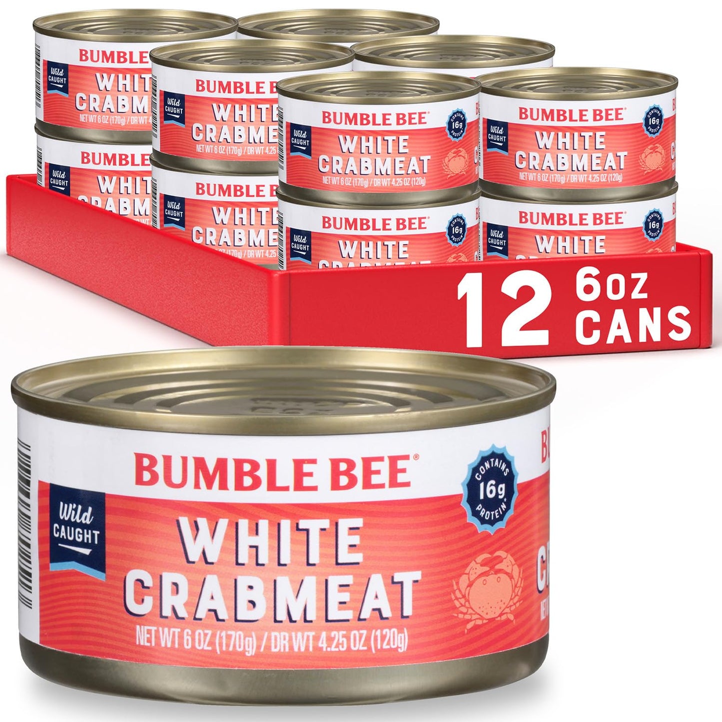 Bumble Bee White Flake Crab Meat in Water, 6 oz Can - 14g Protein & 1g Carb Per Serving - Wild Caught, Flaky, Drain Before Use,