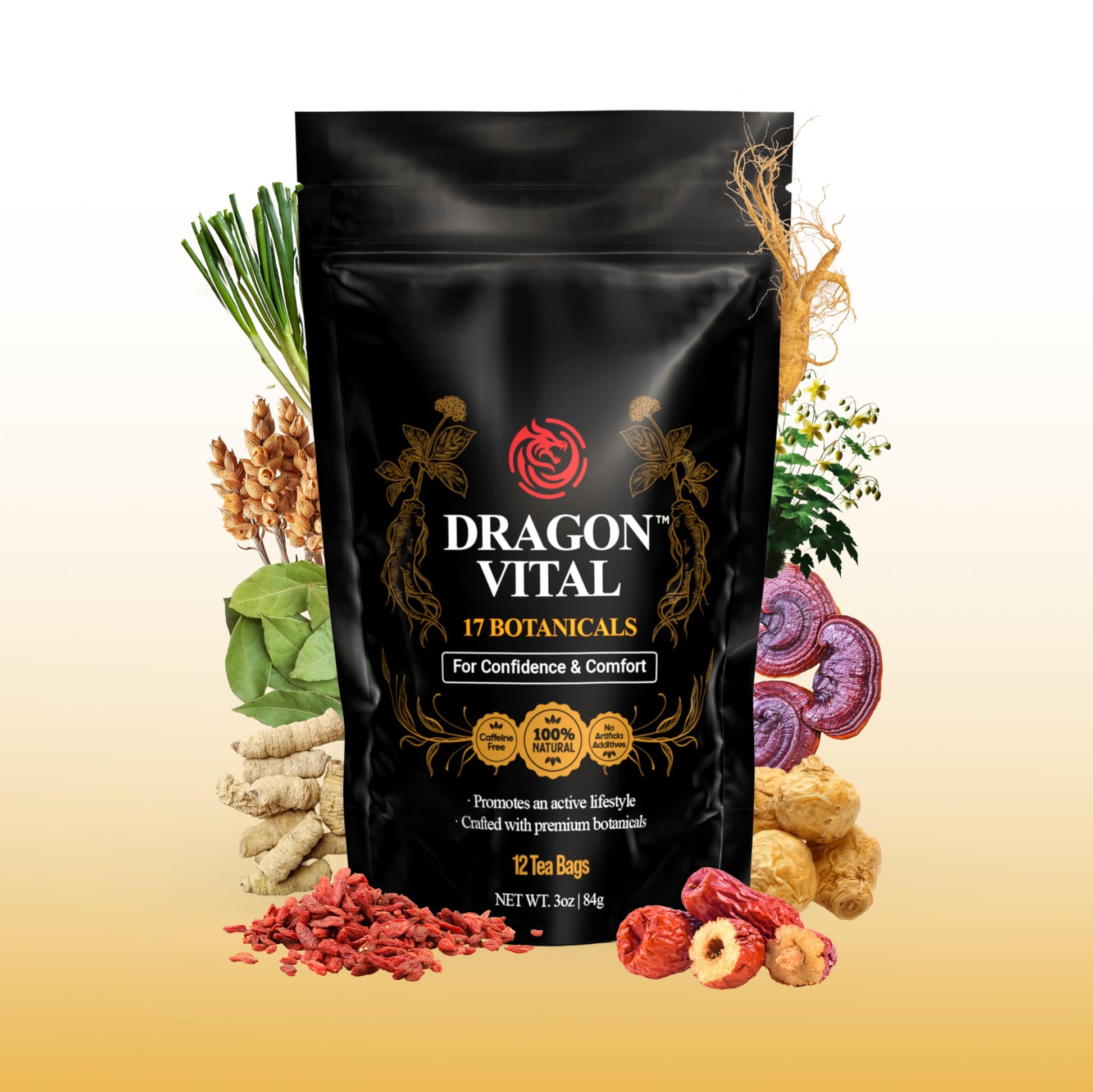 Dragon Vital Herbal Tea with Ginseng & Maca - Natural Energy Support | Caffeine-Free Botanical Blend for Vitality & Active Living | All natural - NON-GMO & No Preservatives |12 Tea Bags | by Robutop