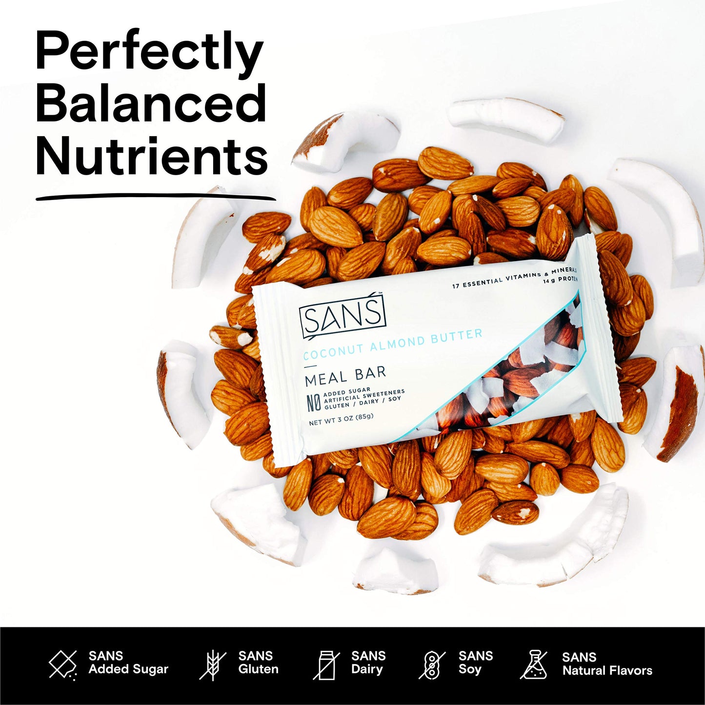 Sans Meal Replacement Protein Bar, Gluten Free, Healthy High Protein Snacks, High Fiber, No Sugar Added, Dairy Free, Soy Free, Coconut Almond Butter, 12 Bars
