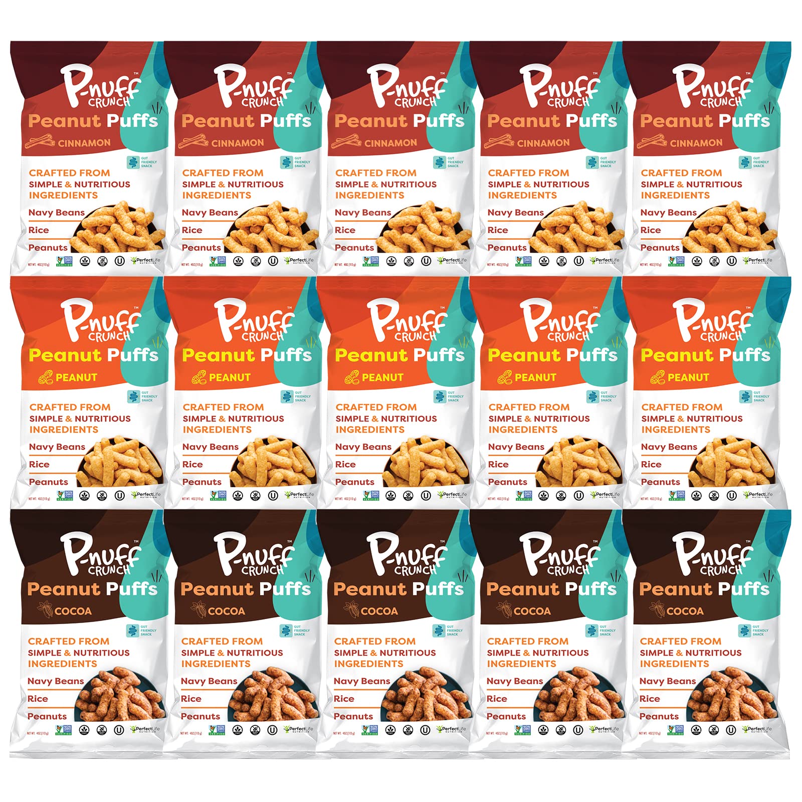 P-Nuff Crunch Peanut Puffs Variety Pack - Healthy Keto Snacks, 20g Vegan Protein, Gluten Free, 4oz Bag, 15-Pack